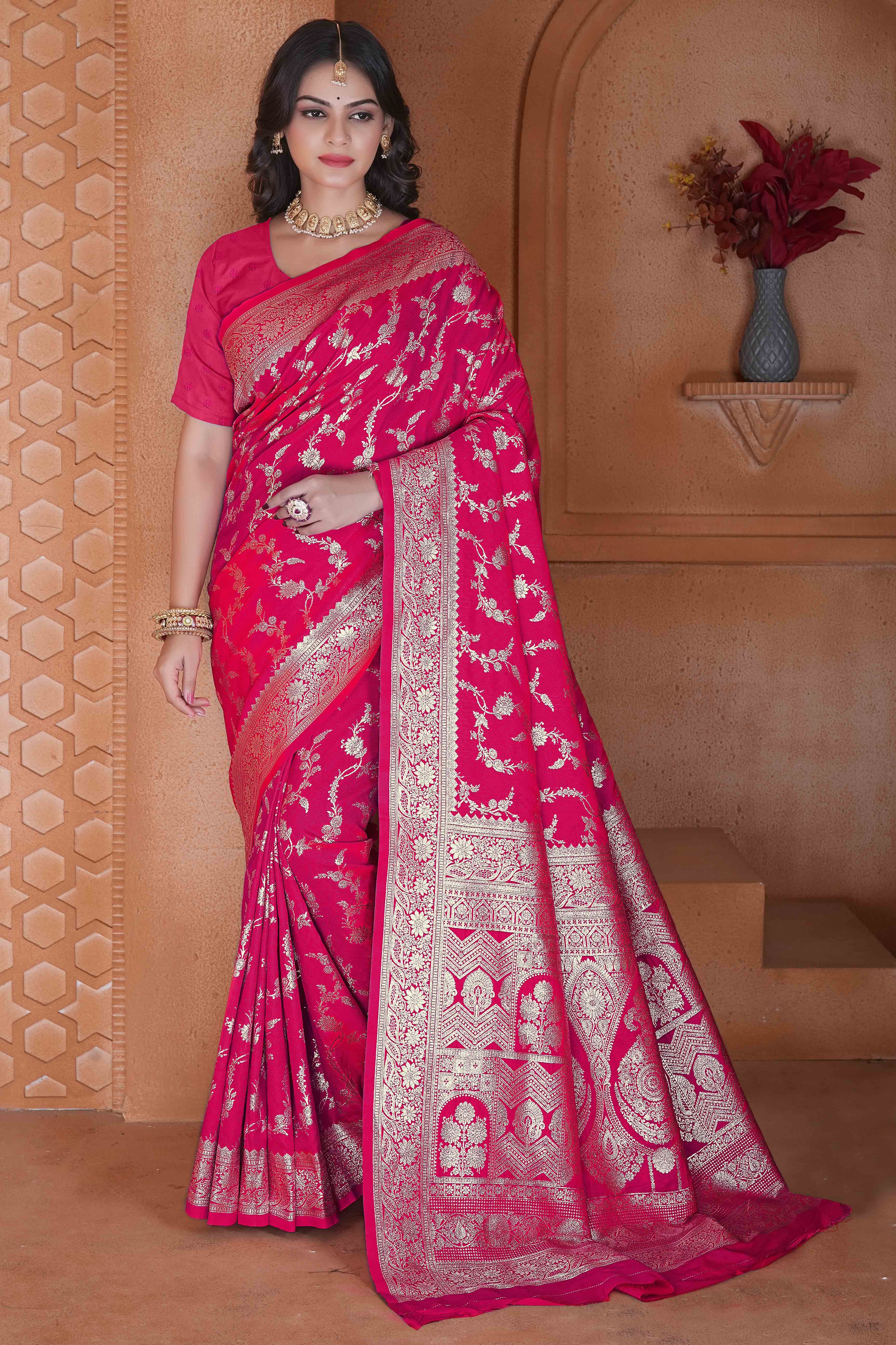 Pink Saree in Art Silk Featuring Traditional Zari Woven Floral Motifs for Special Occasions