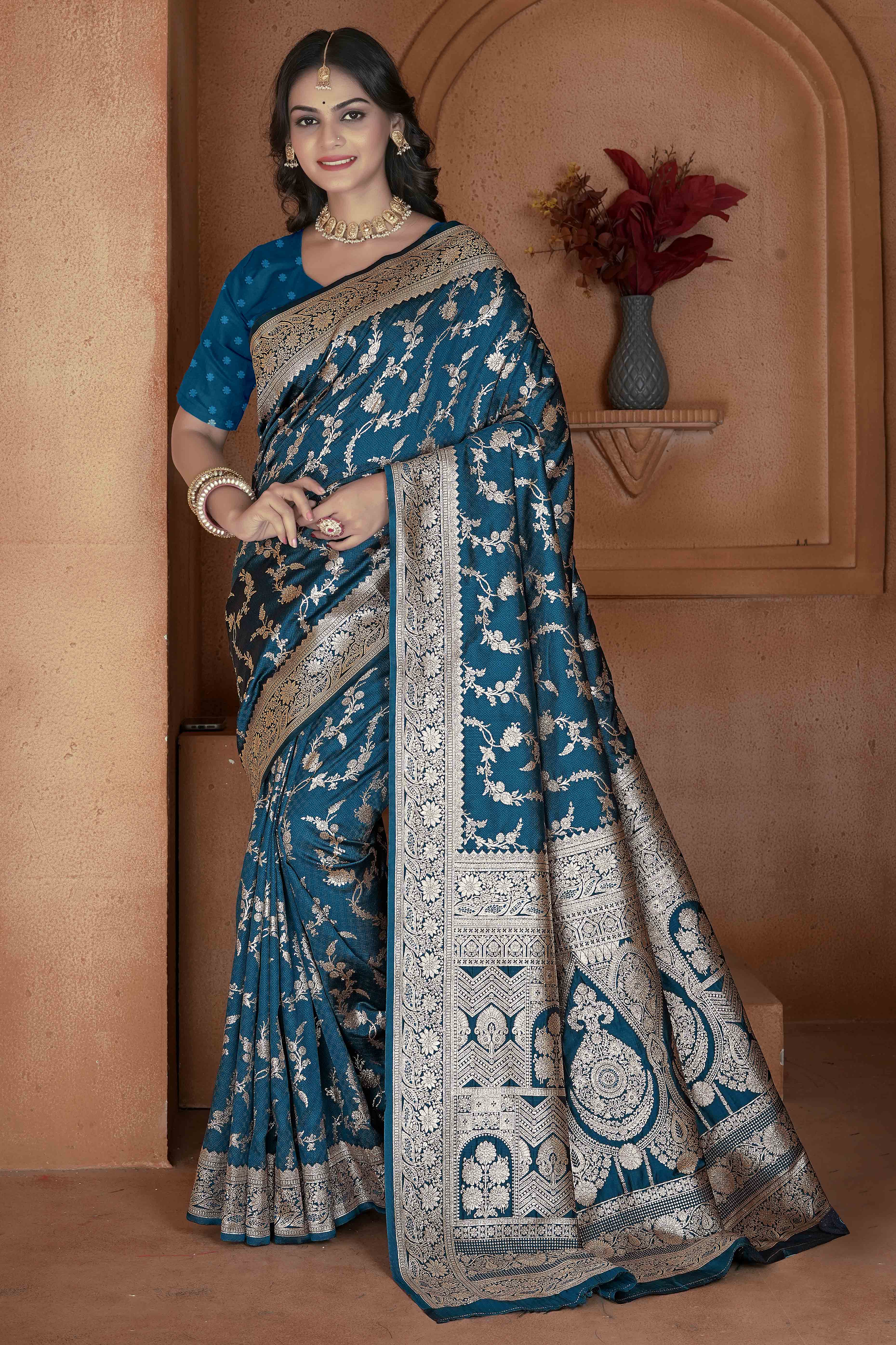 Teal Saree in Art Silk Featuring Traditional Zari Woven Floral Motifs for Special Occasions