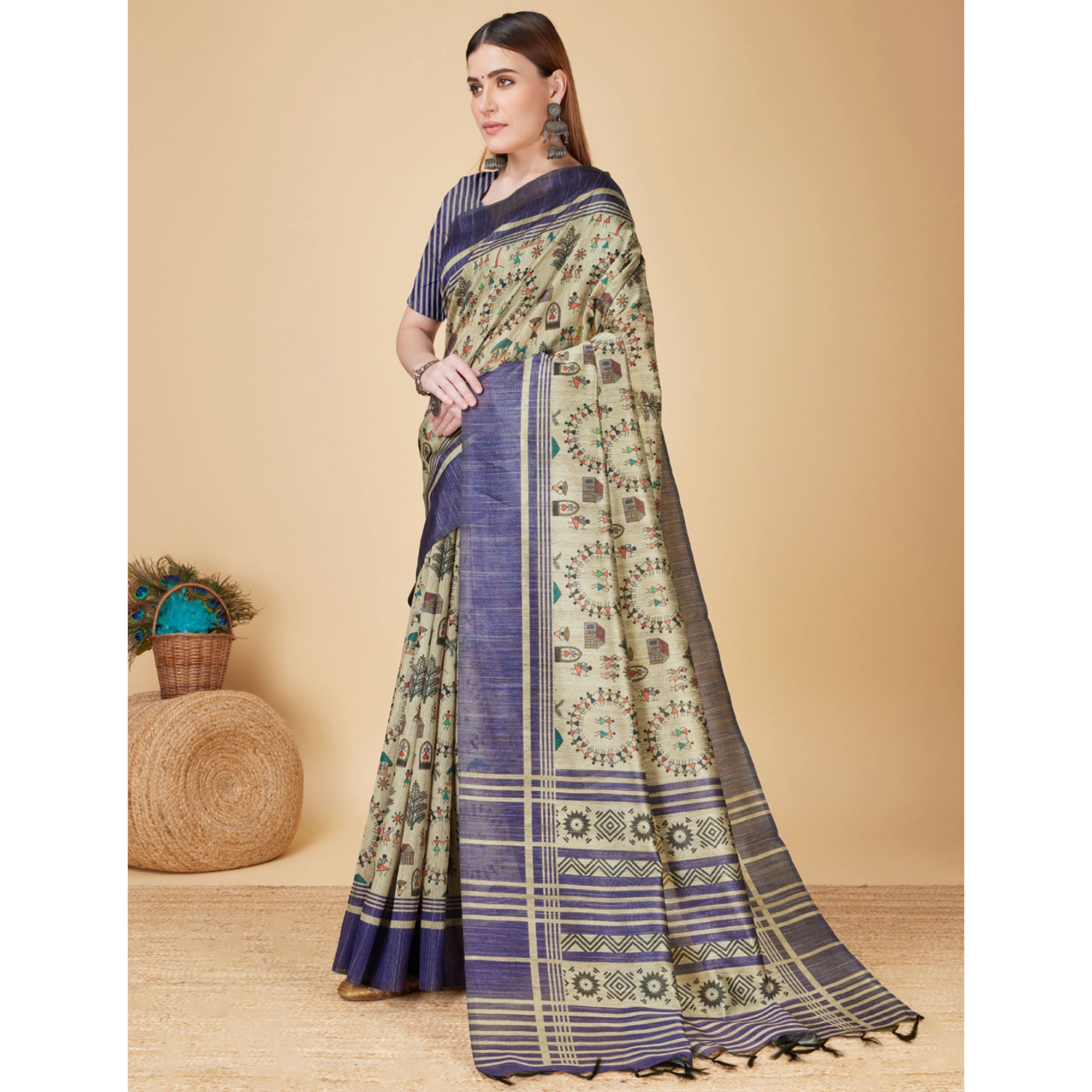 Chikoo & Blue Printed Bhagalpuri Silk Saree With Tassels