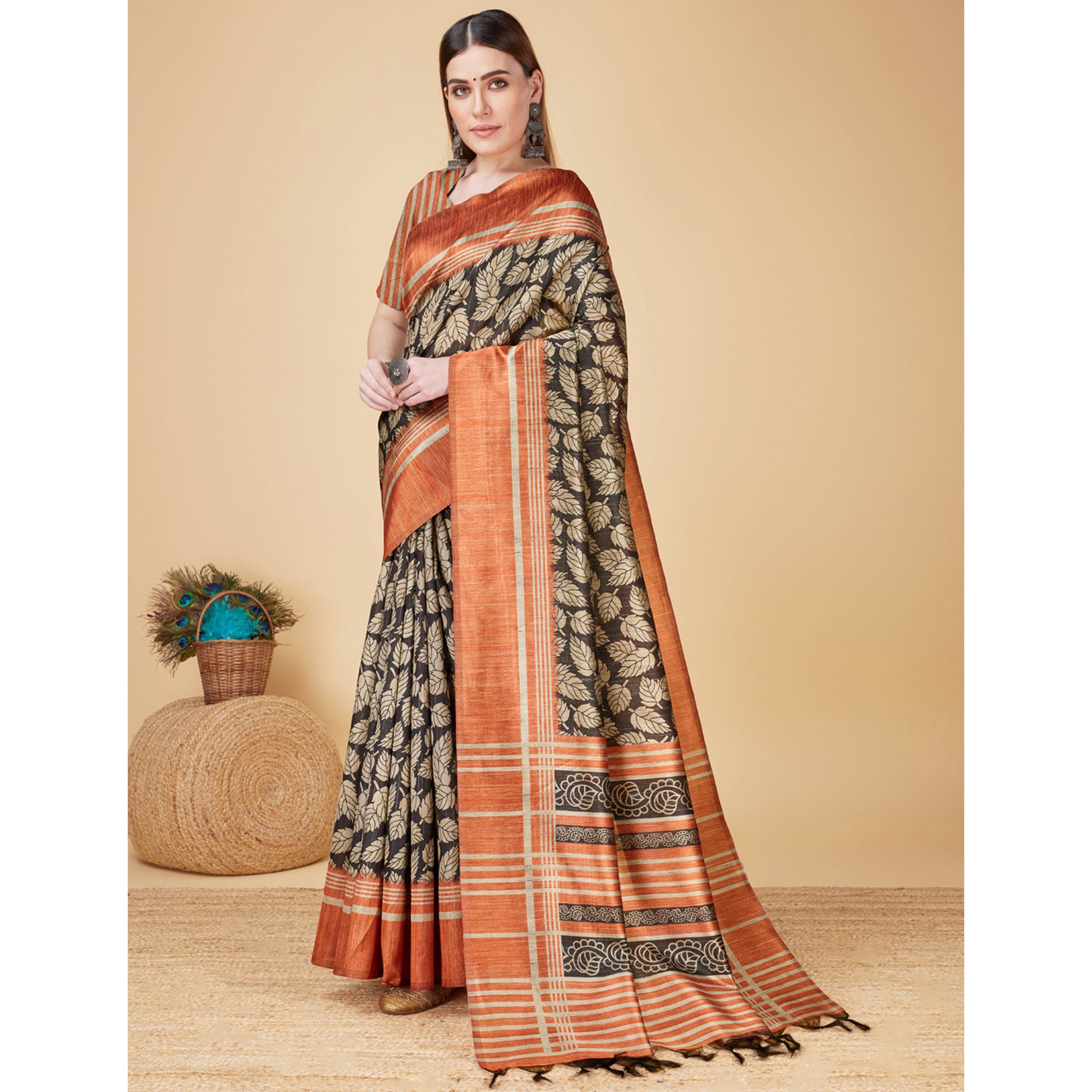 Black & Rust Printed Bhagalpuri Silk Saree With Tassels