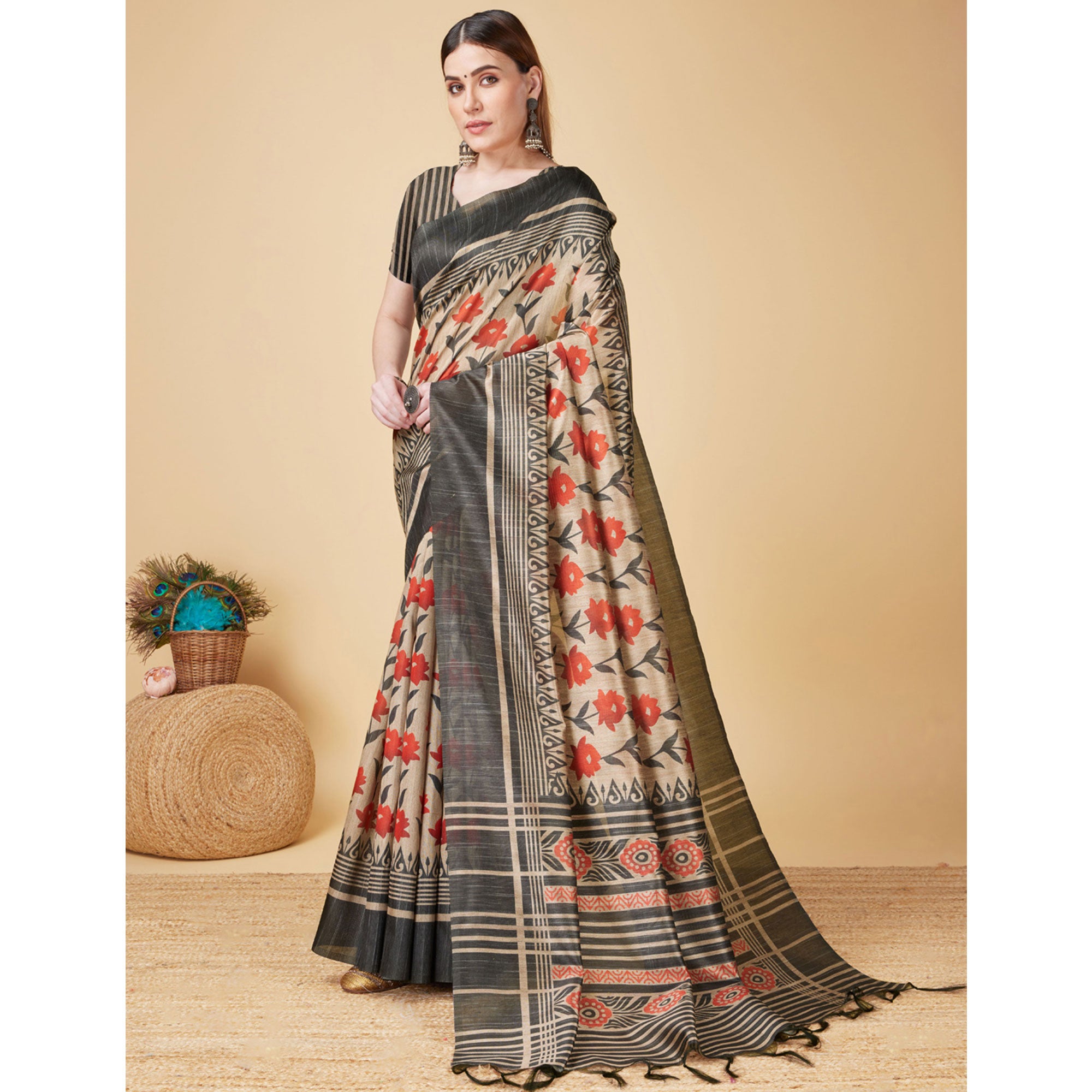 Beige & Black Floral Bhagalpuri Silk Saree With Tassels