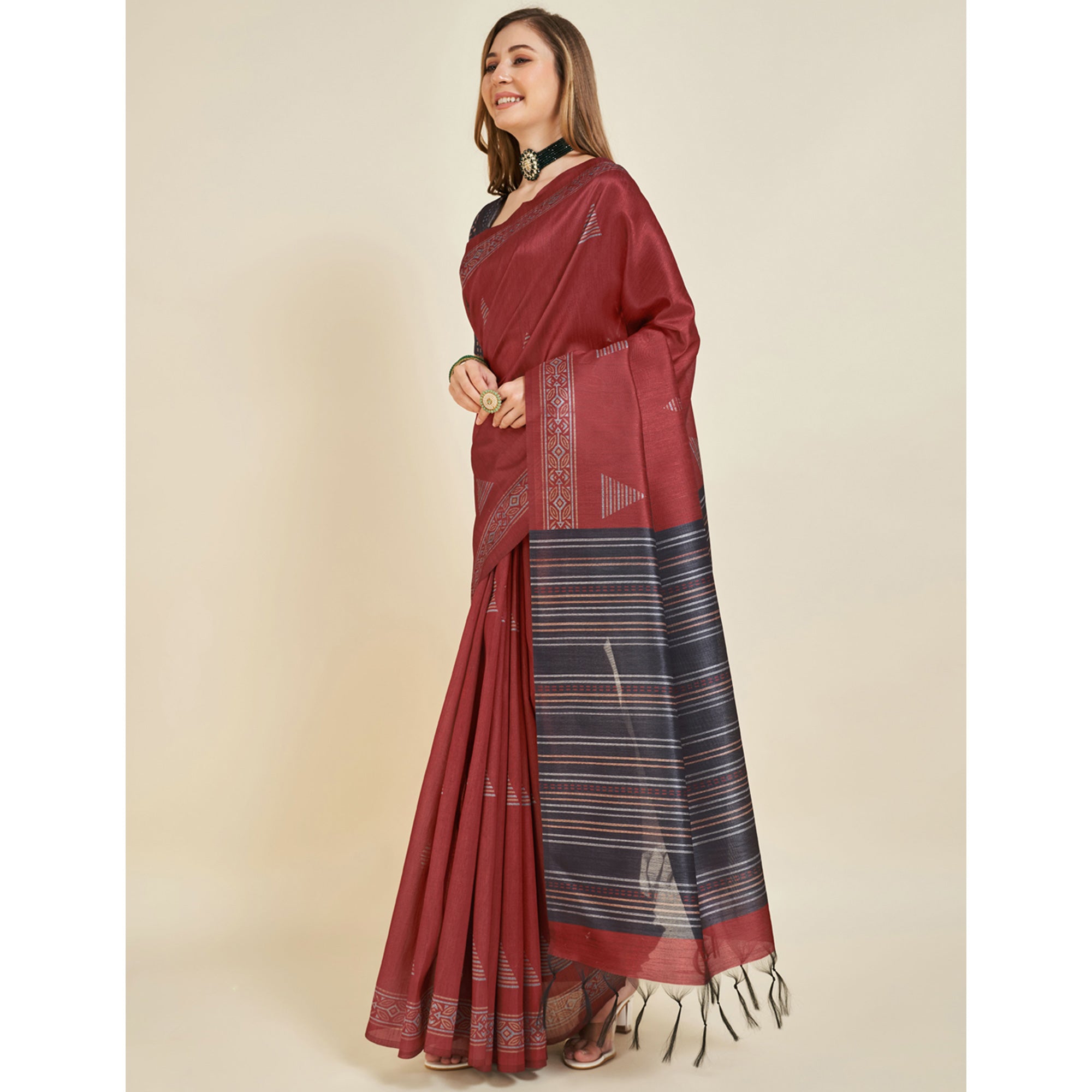 Maroon Digital Printed Bhagalpuri Silk Saree With Tassels