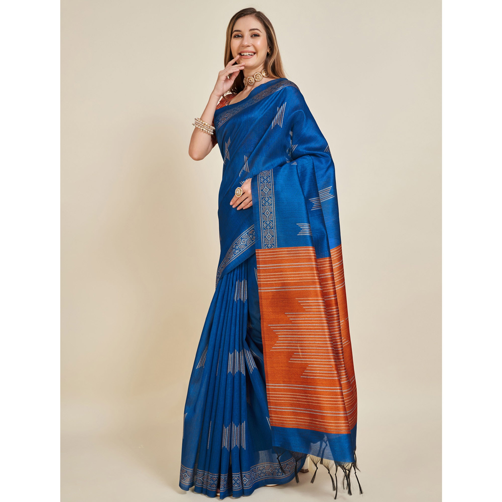 Blue Digital Printed Bhagalpuri Silk Saree With Tassels