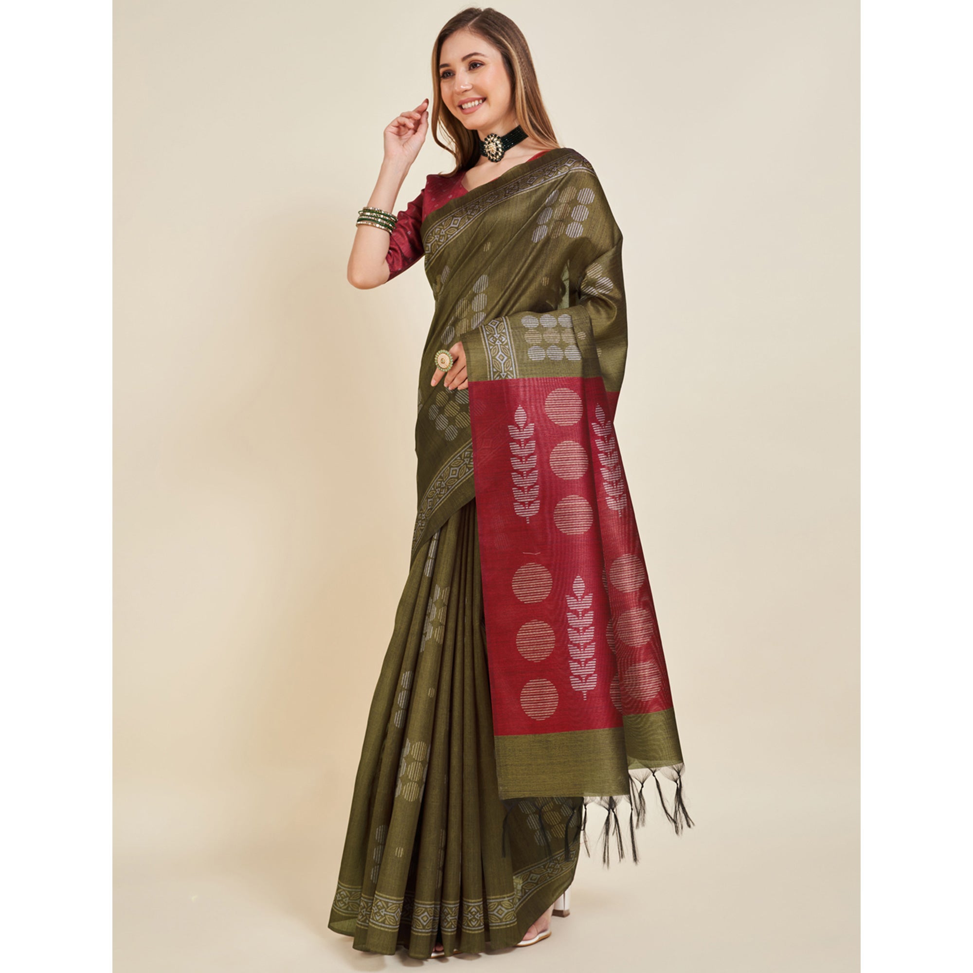 Mehendi Green Digital Printed Bhagalpuri Silk Saree With Tassels