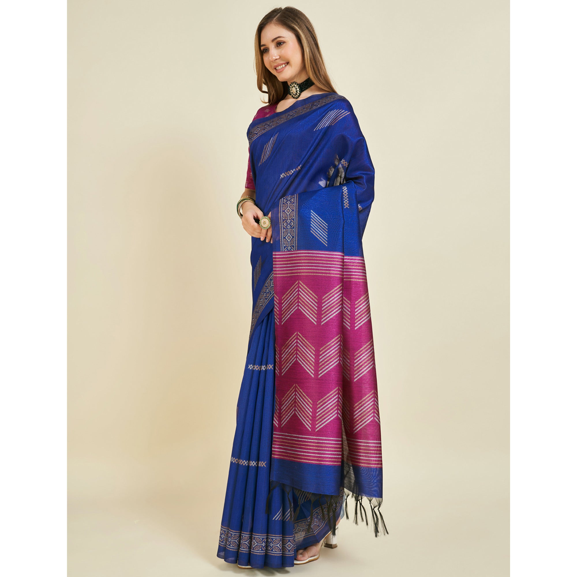 Blue & Rani Pink Digital Printed Bhagalpuri Silk Saree With Tassels