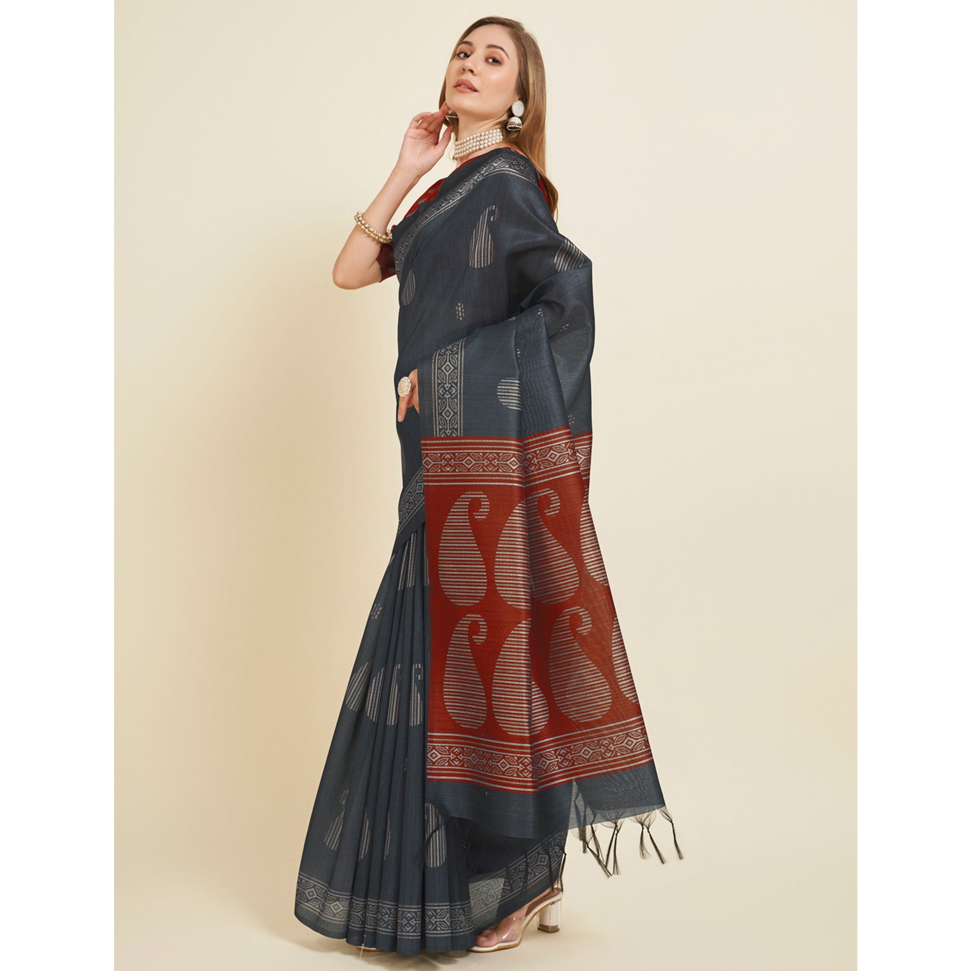 Grey Digital Printed Bhagalpuri Silk Saree With Tassels