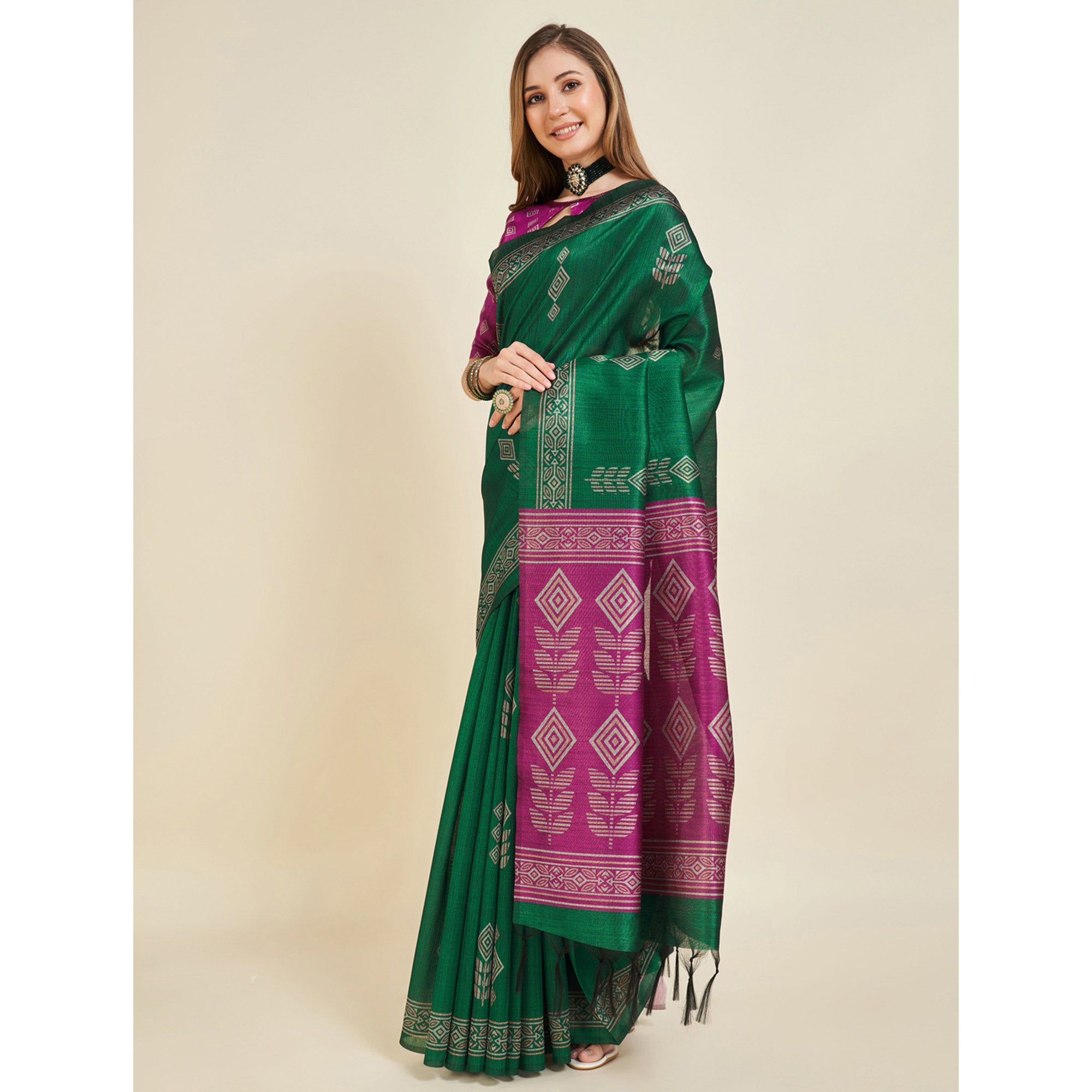 Green Digital Printed Bhagalpuri Silk Saree With Tassels