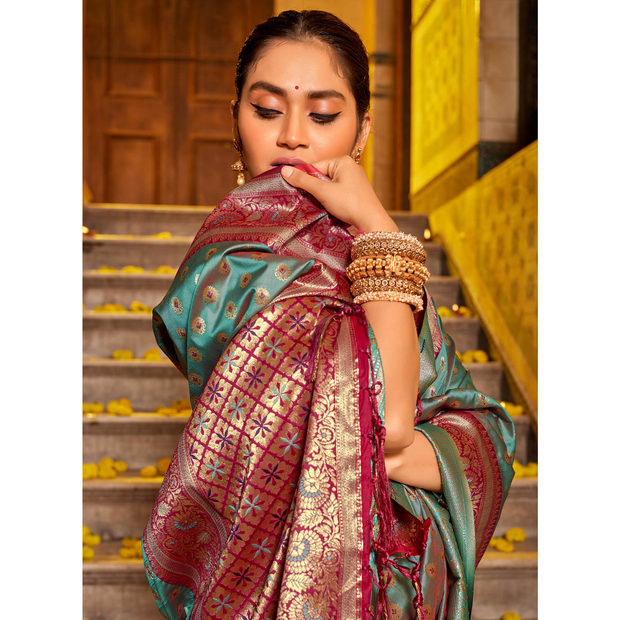 Teal Grey Woven Banarasi Silk Saree With Tassels
