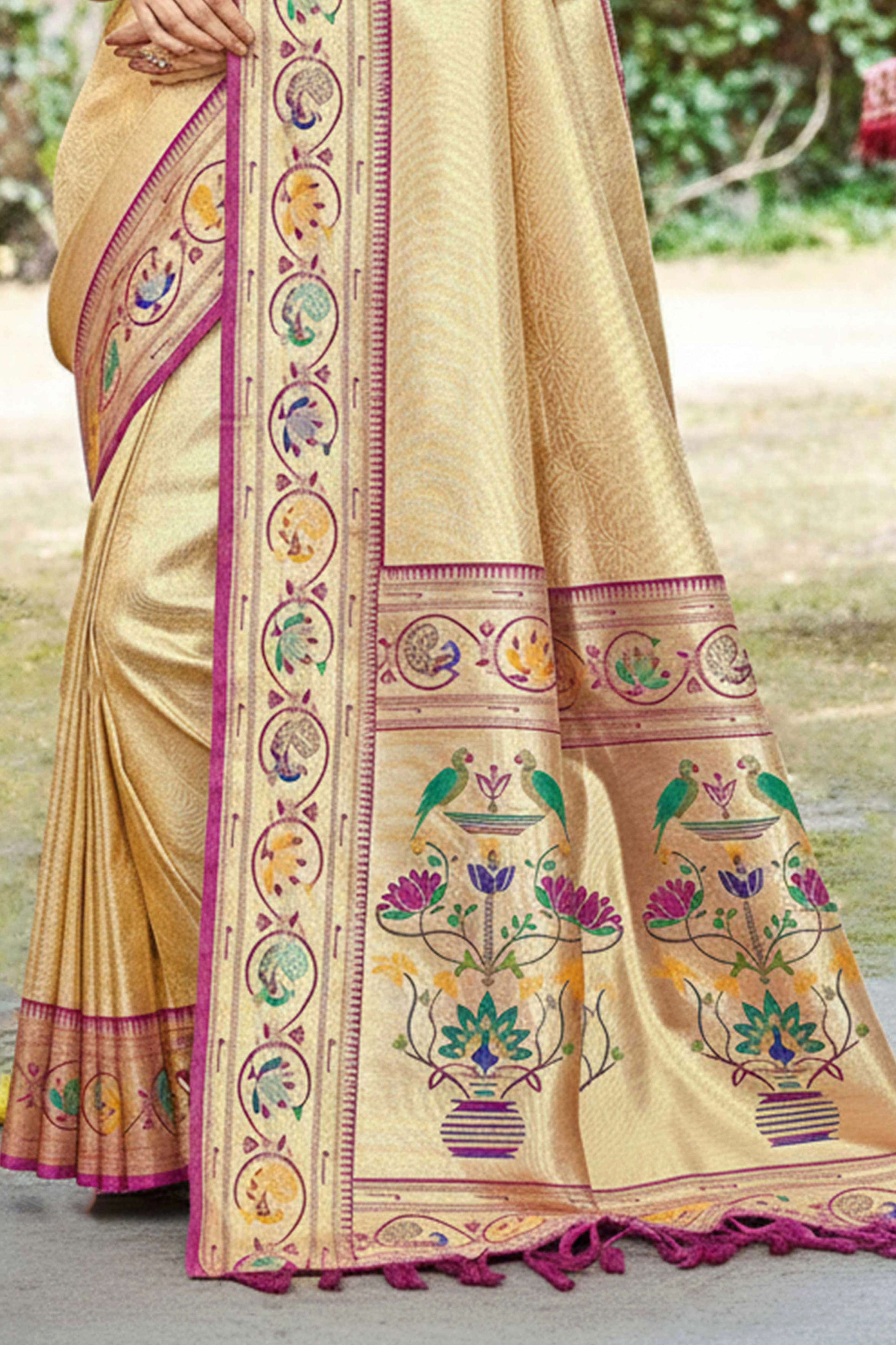 Elegant Cream Weaving Silk Blend Saree With Stunning Peacock Border & Artistic Parrot Motif Pallu