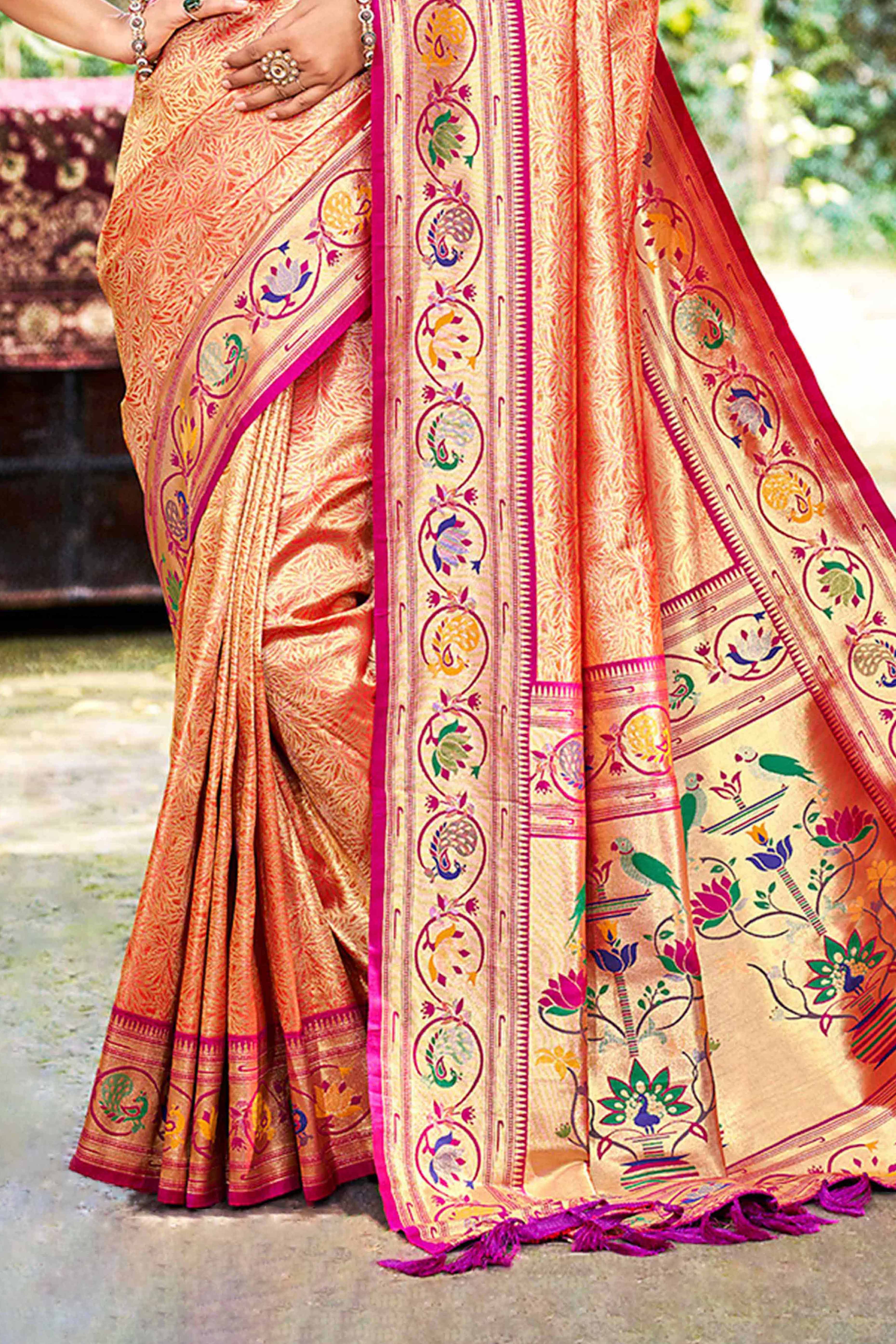 Elegant Orange Weaving Silk Blend Saree With Stunning Peacock Border & Artistic Parrot Motif Pallu