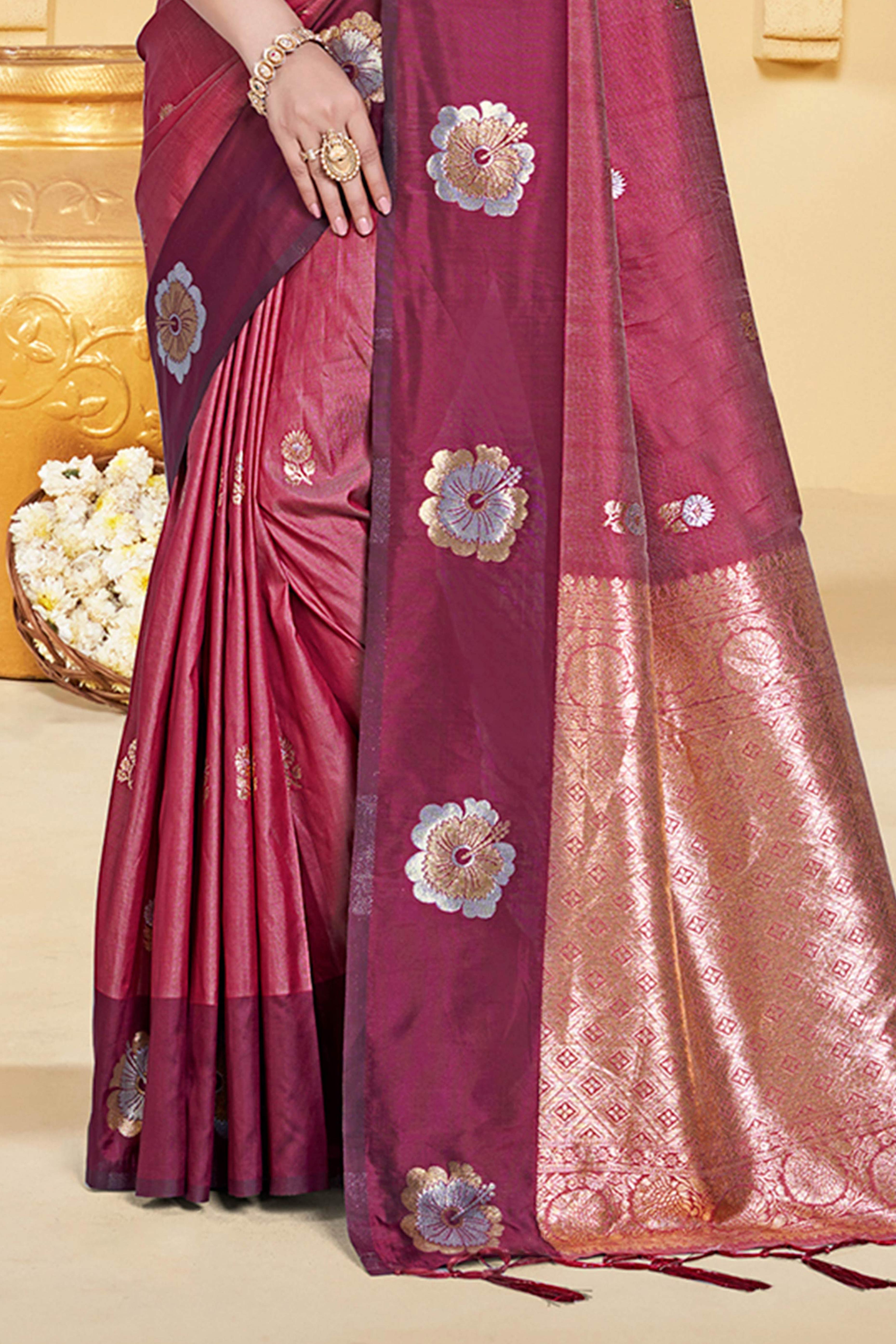 Charming Light Maroon Floral Zari Weaving Silk Blend Saree Enhanced With Stylish Tassel Pallu