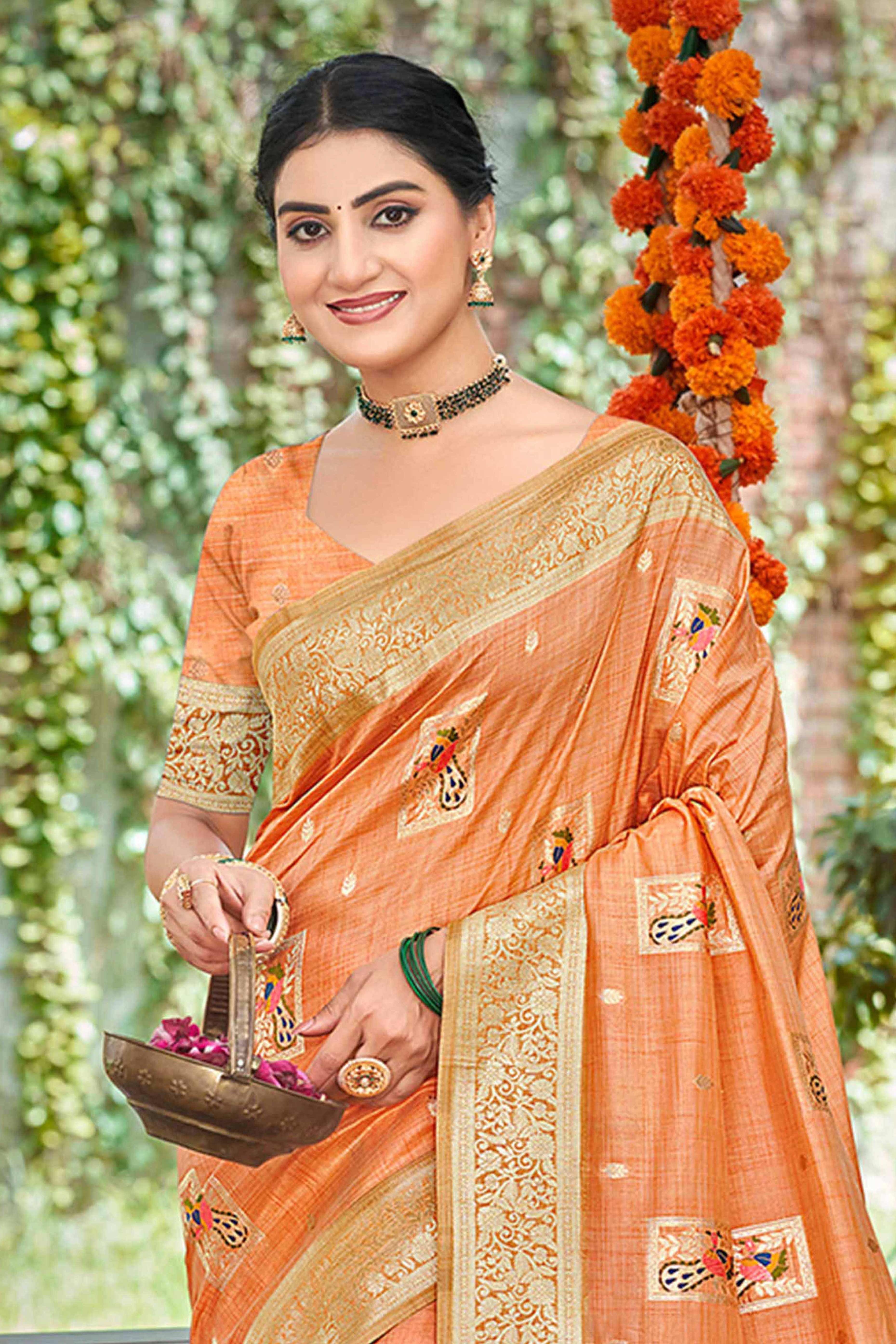 Orange Floral & Peacock Motif Zari Woven Assam Silk Blend Saree With Graceful Tassel Pallu