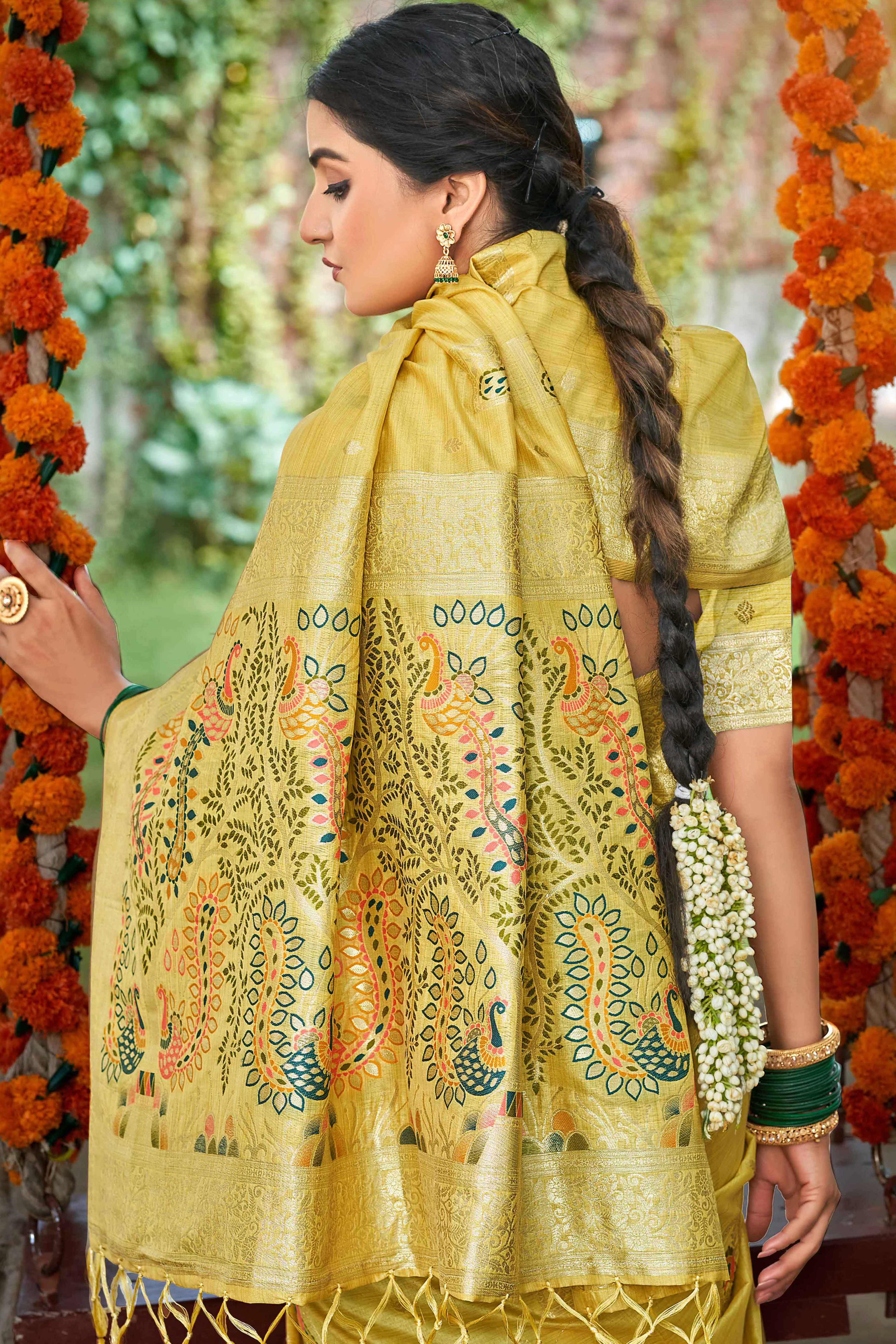 Yellow Floral & Peacock Motif Zari Woven Assam Silk Blend Saree With Graceful Tassel Pallu