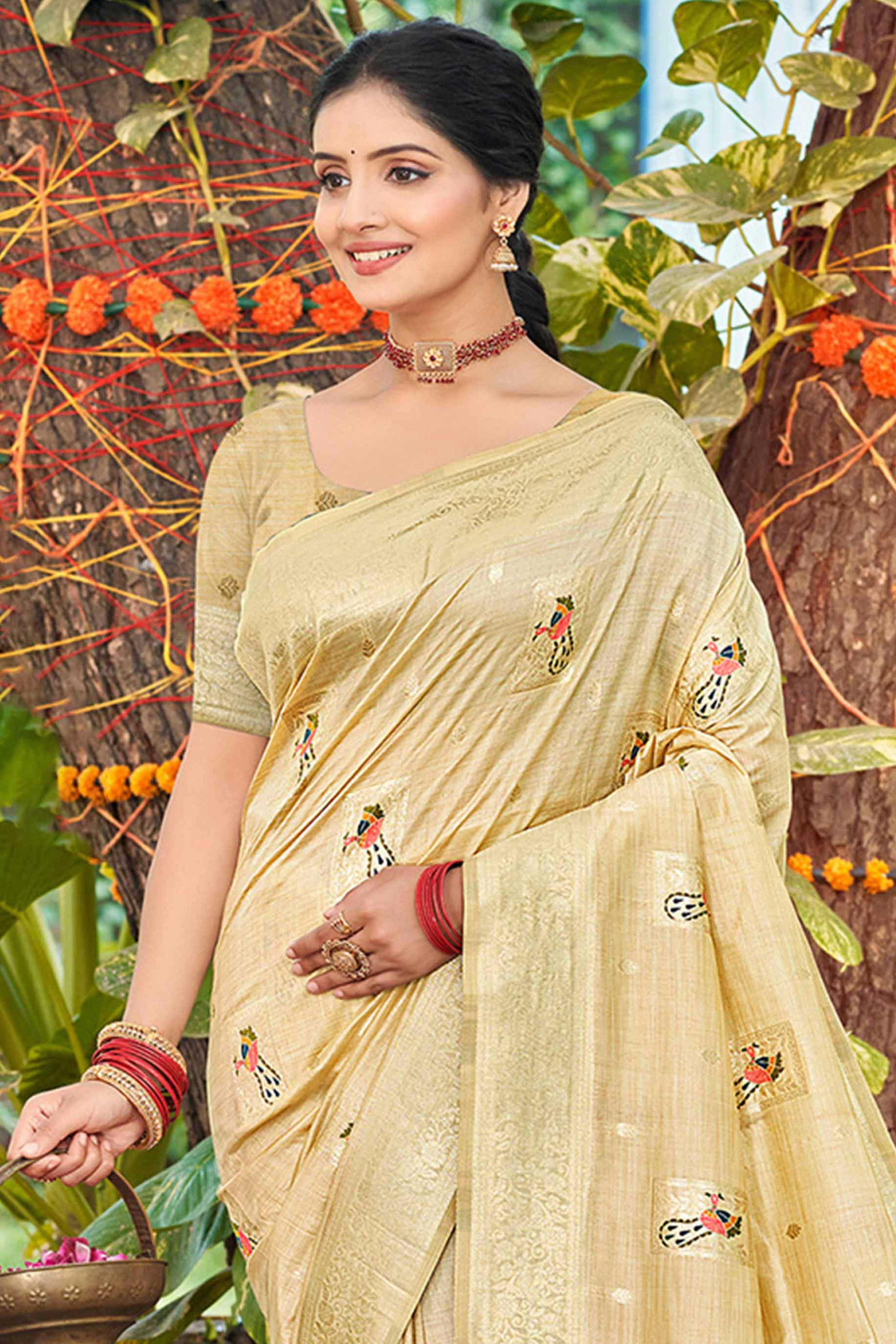 Cream Floral & Peacock Motif Zari Woven Assam Silk Blend Saree With Graceful Tassel Pallu