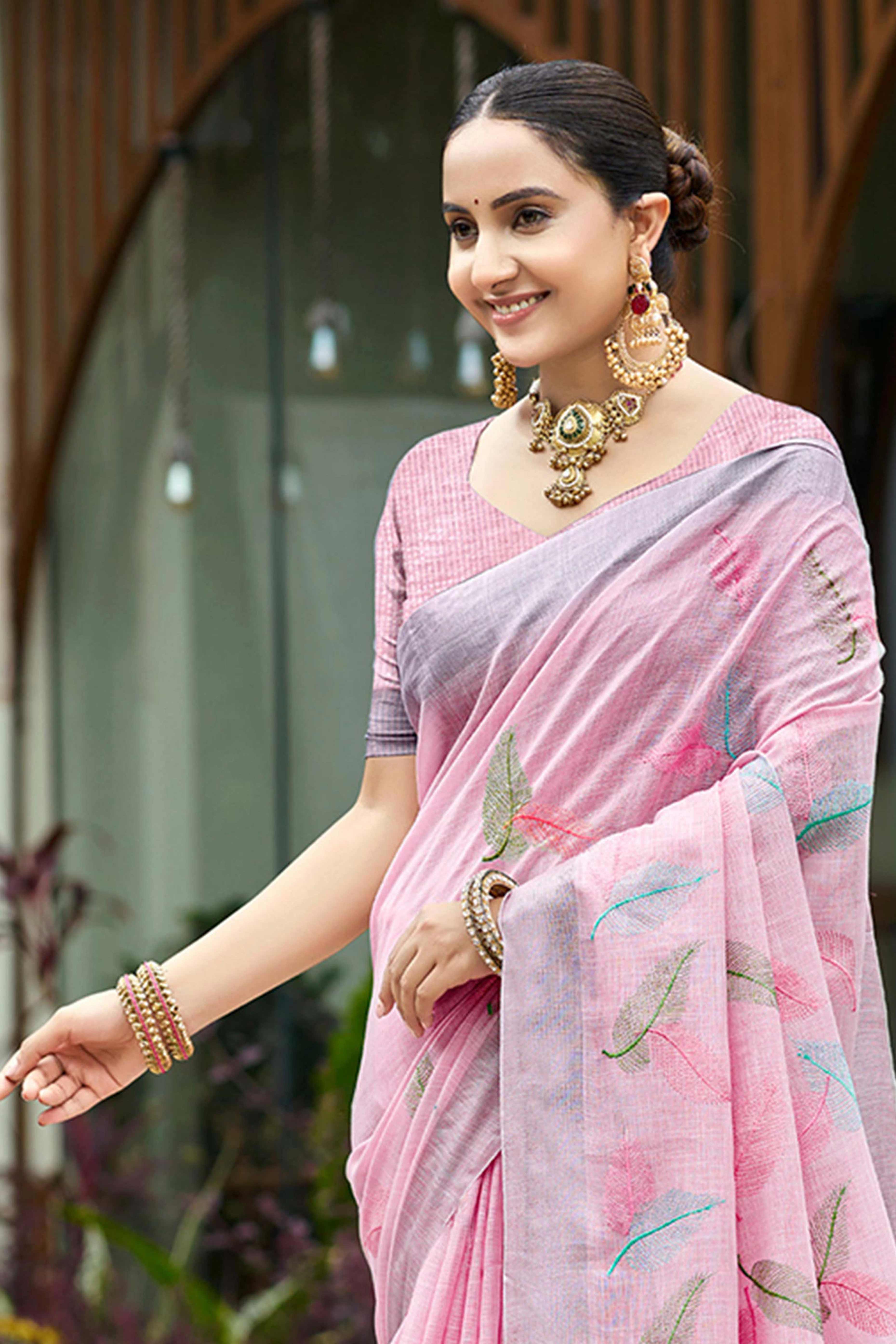 Exquisite Pink Leaf Motif Thread Embroidered Linen Saree With Elegant Weaving Border