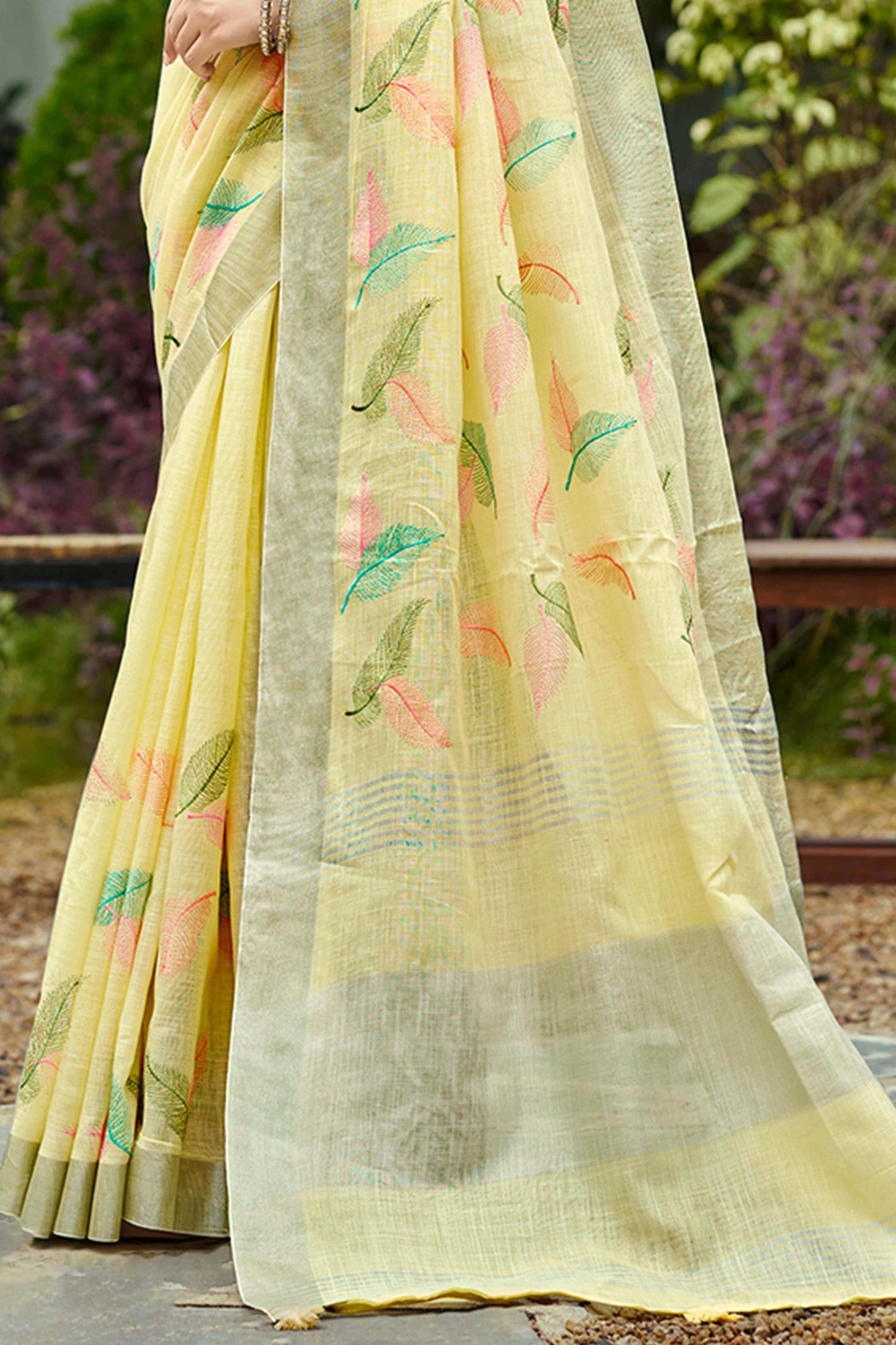 Exquisite Yellow Leaf Motif Thread Embroidered Linen Saree With Elegant Weaving Border