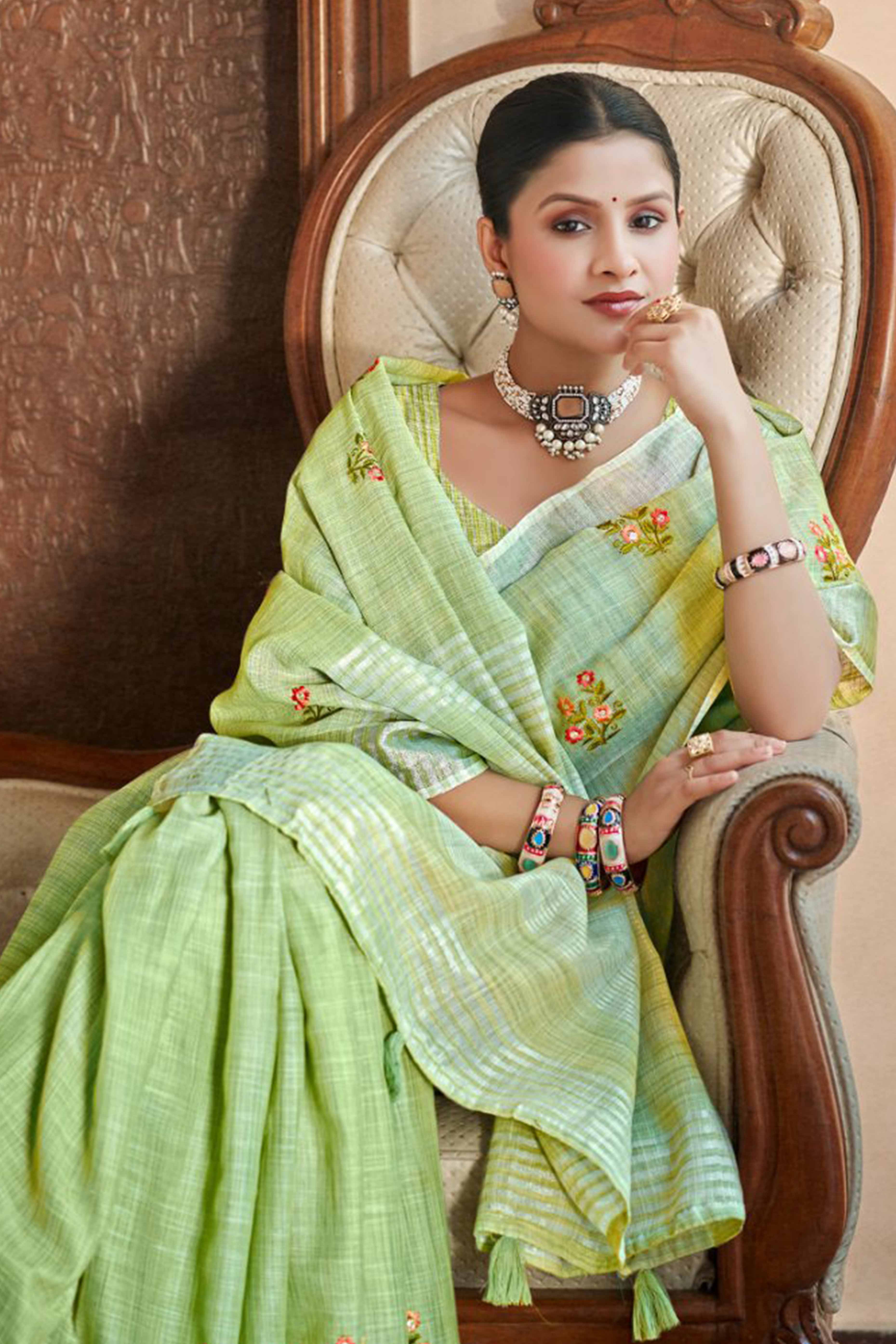Green Embroidered Linen Saree with Floral Motifs in Woven Fabric