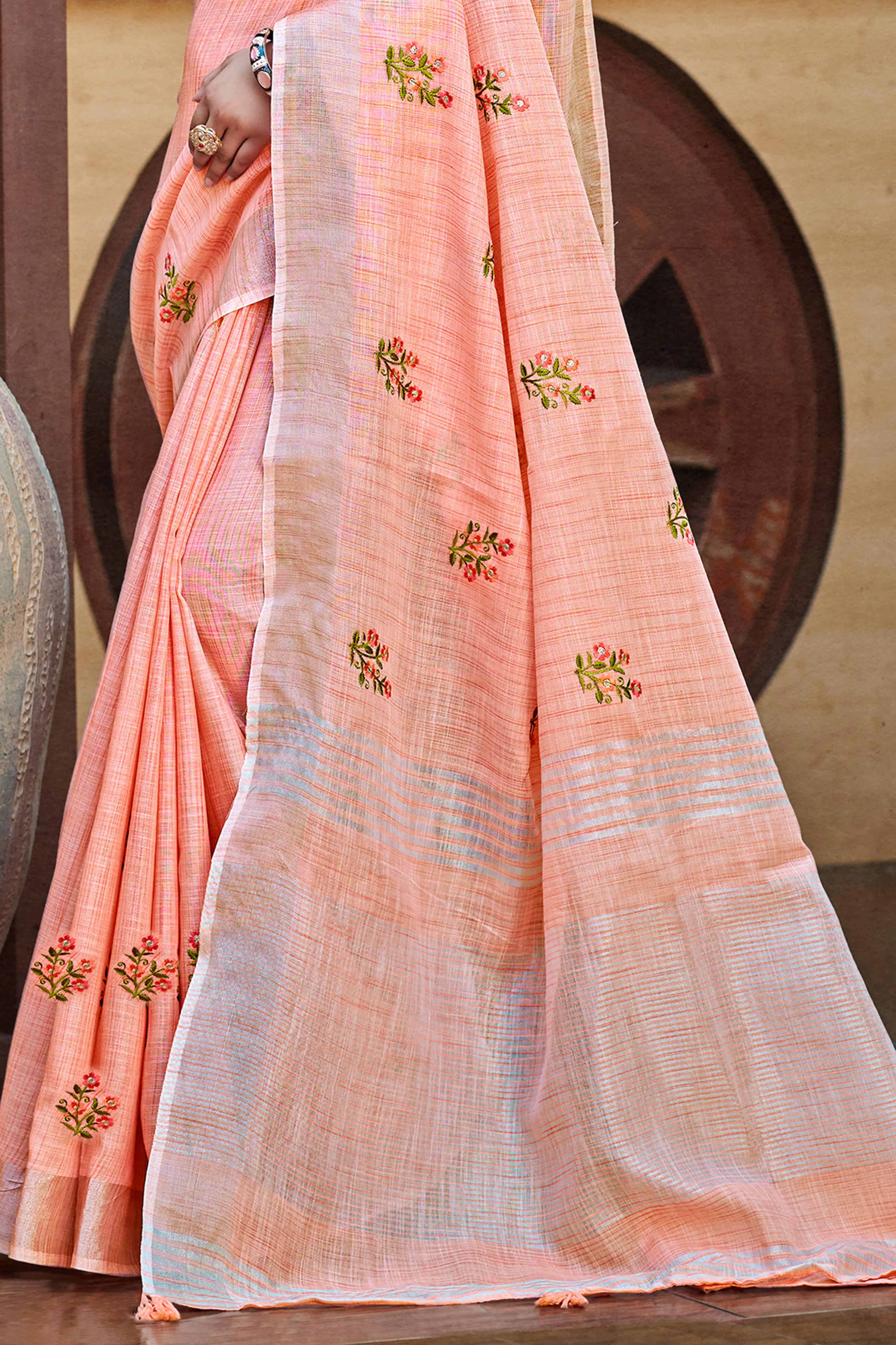 Peach Embroidered Linen Saree with Floral Motifs in Woven Fabric