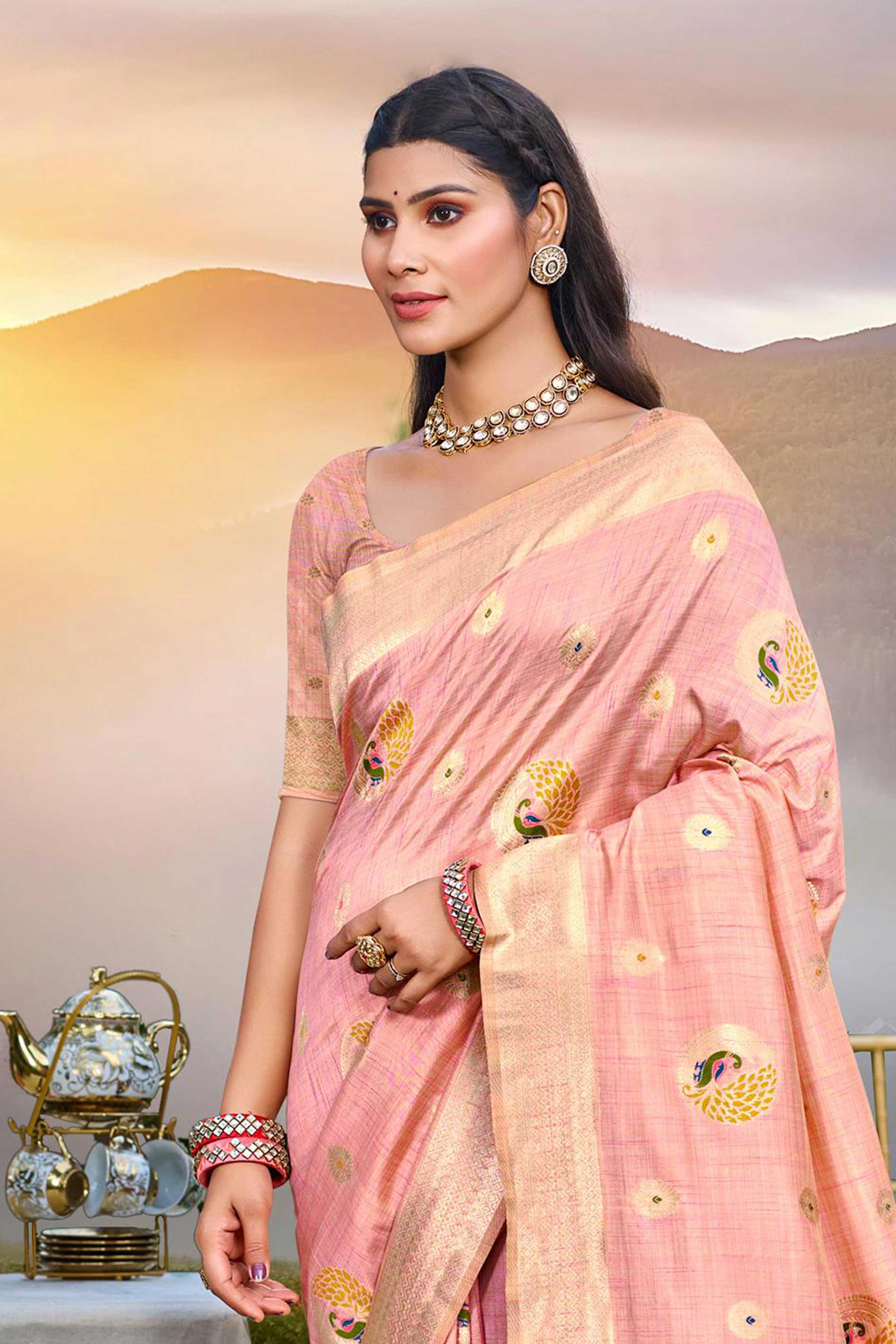 Designer Peach Assam Silk Blend Saree Adorned With Peacock Zari Weaving & Tassel Pallu