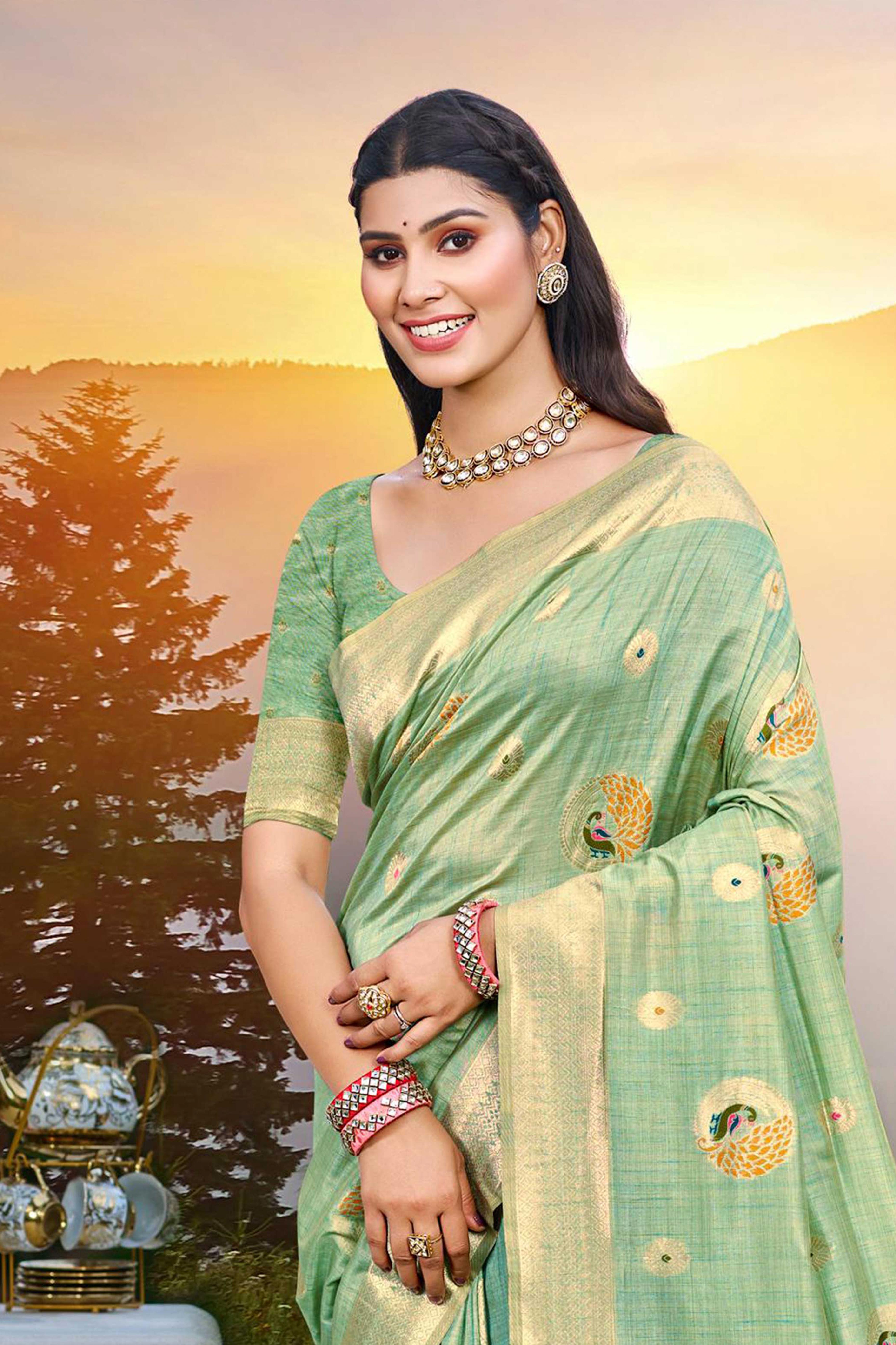 Designer Sea Green Assam Silk Blend Saree Adorned With Peacock Zari Weaving & Tassel Pallu