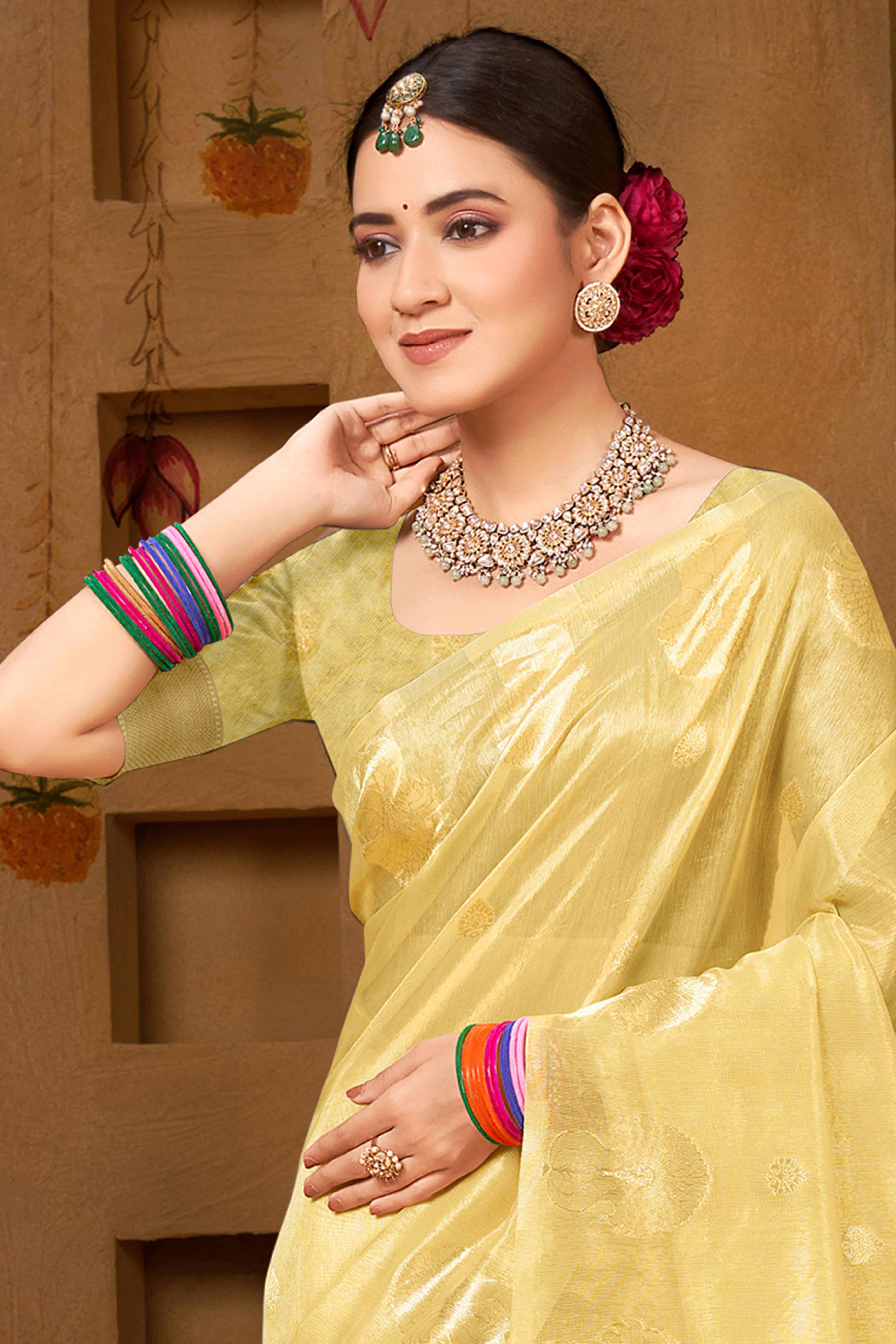 Yellow Saree in Munga Kota Doria with Traditional Zari Weaving