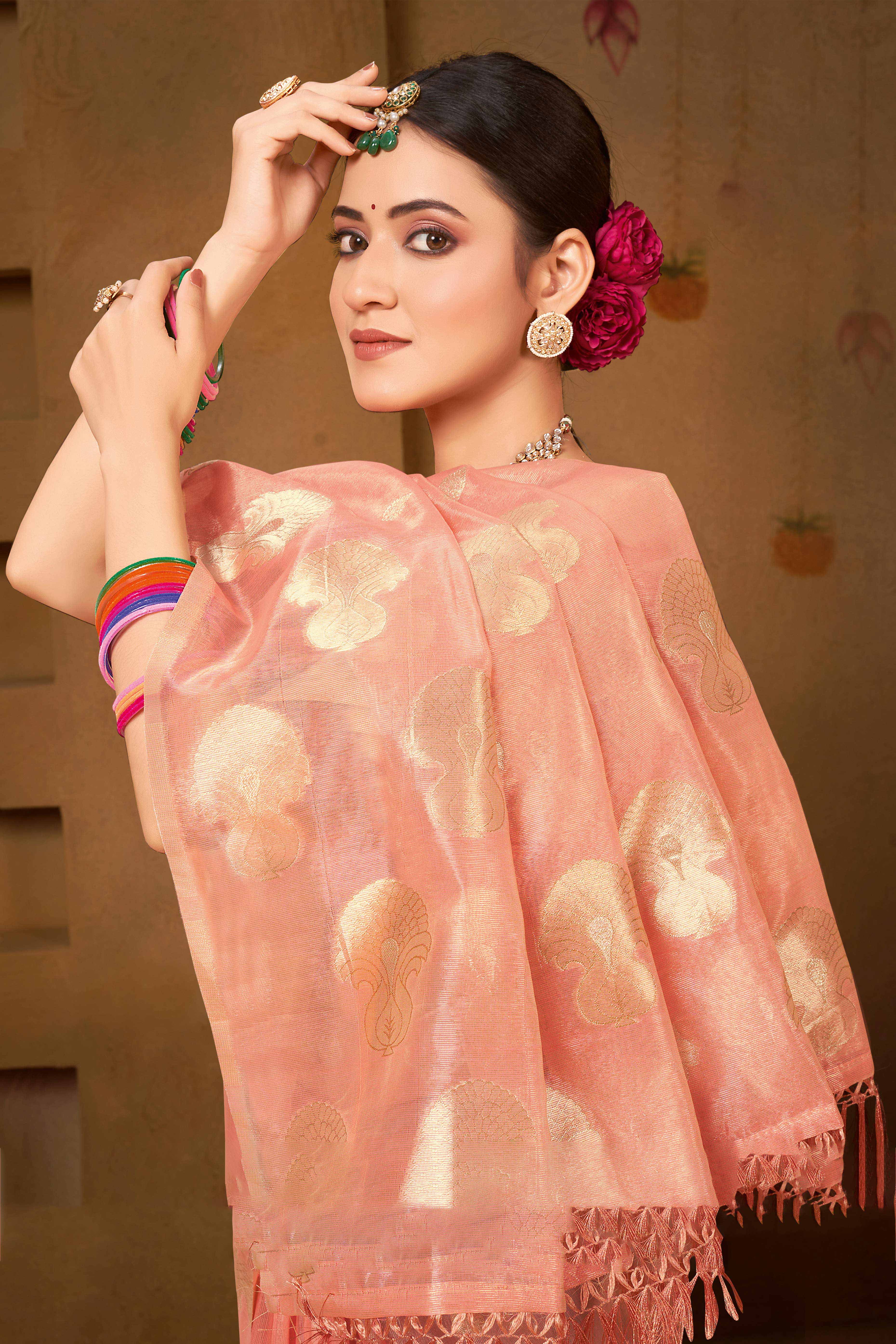 Peach Saree in Munga Kota Doria with Traditional Zari Weaving