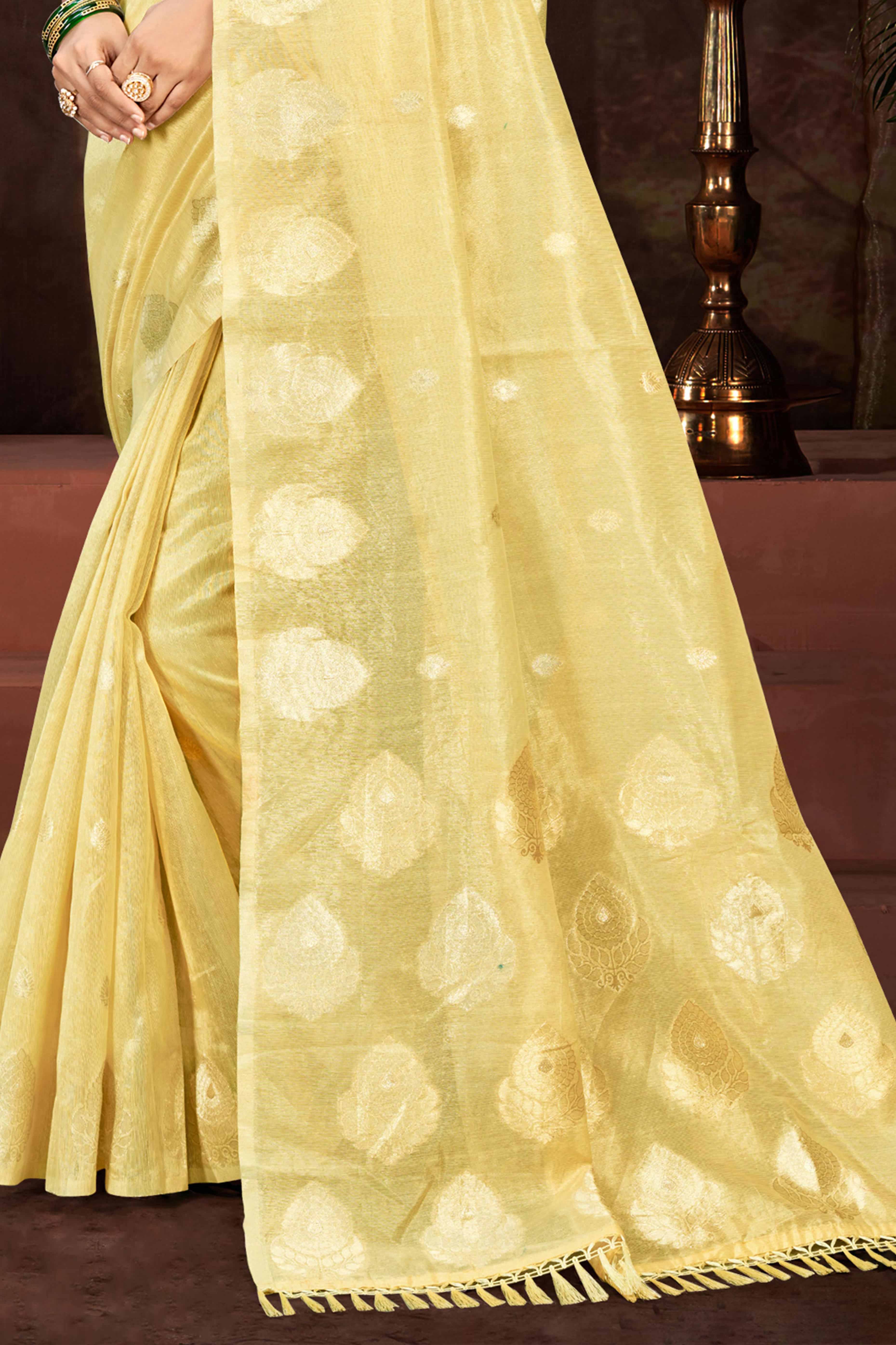 Yellow Kota Doria Saree with Munga Weave and Zari Accents