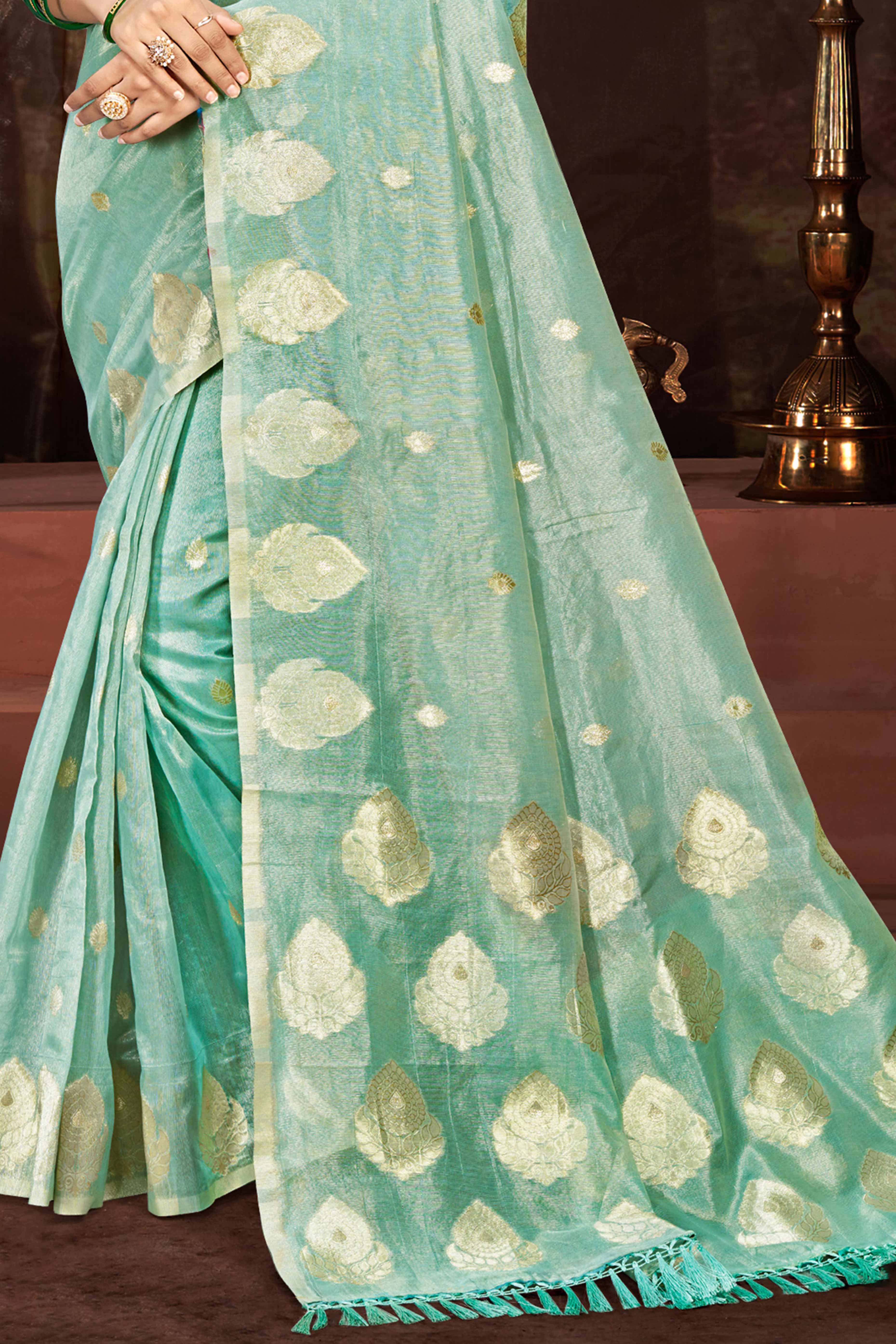 Sea Green Kota Doria Saree with Munga Weave and Zari Accents