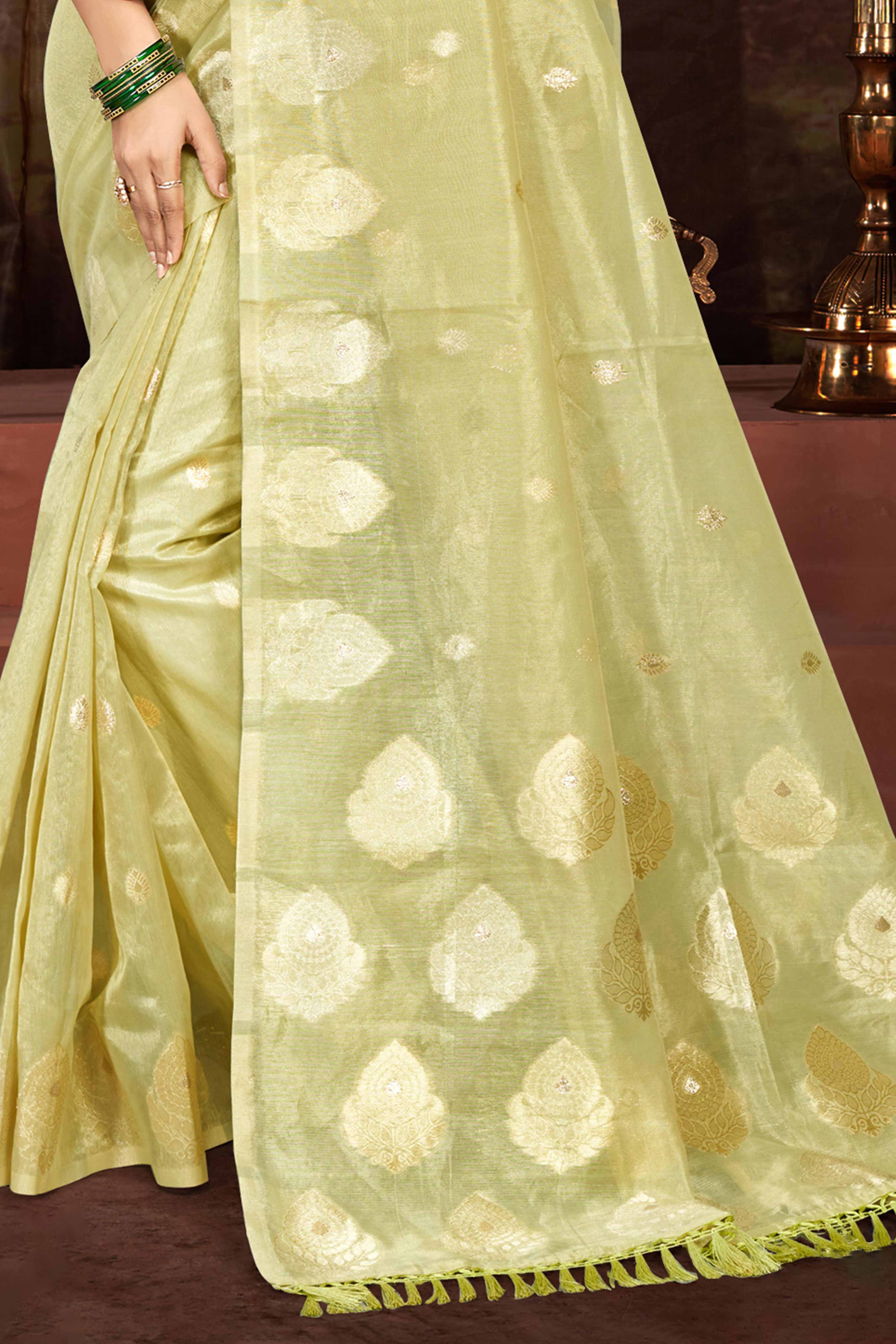 Olive Green Kota Doria Saree with Munga Weave and Zari Accents