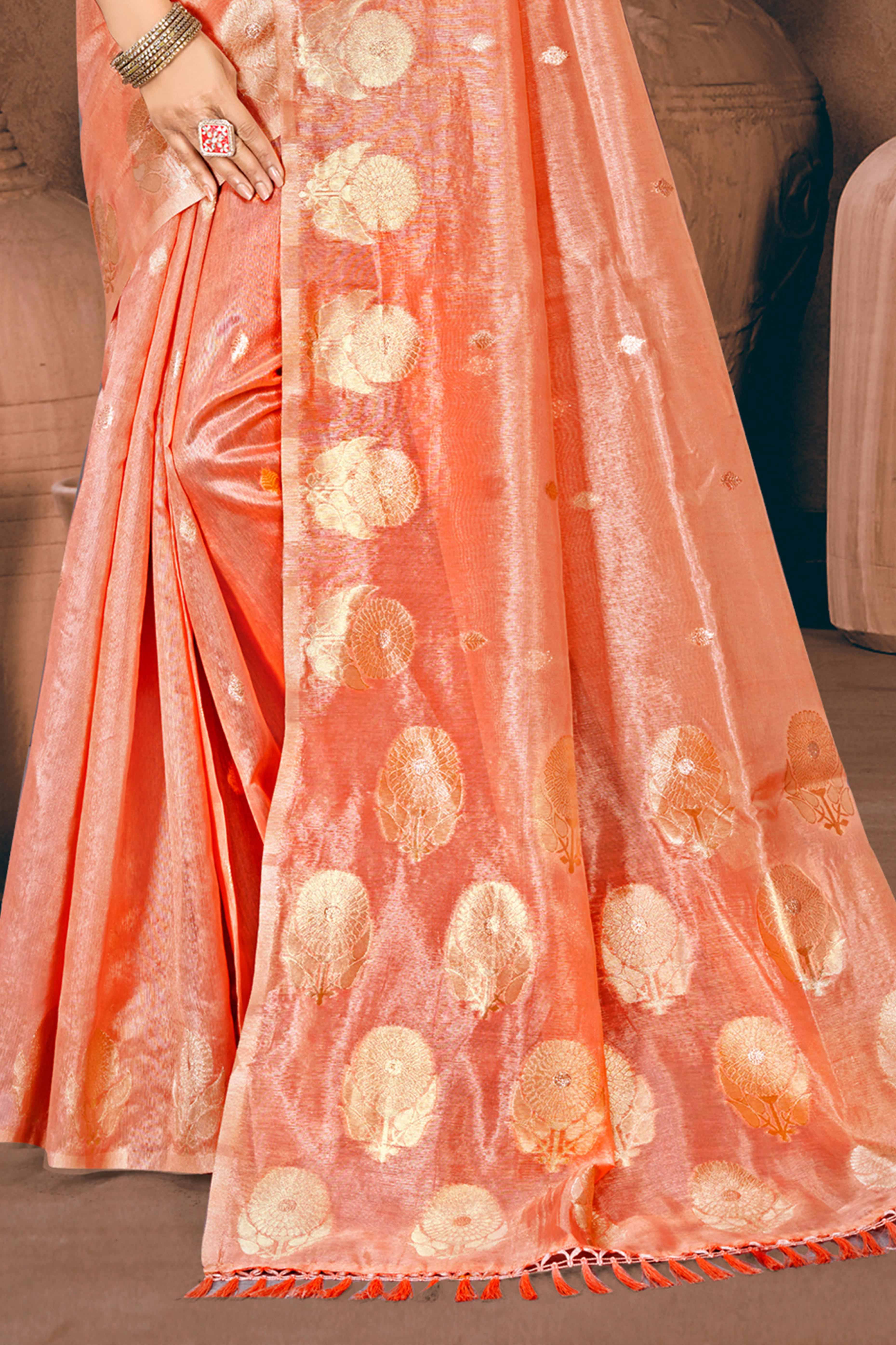 Peach Kota Doria Saree with Rich Traditional Zari Woven Borders