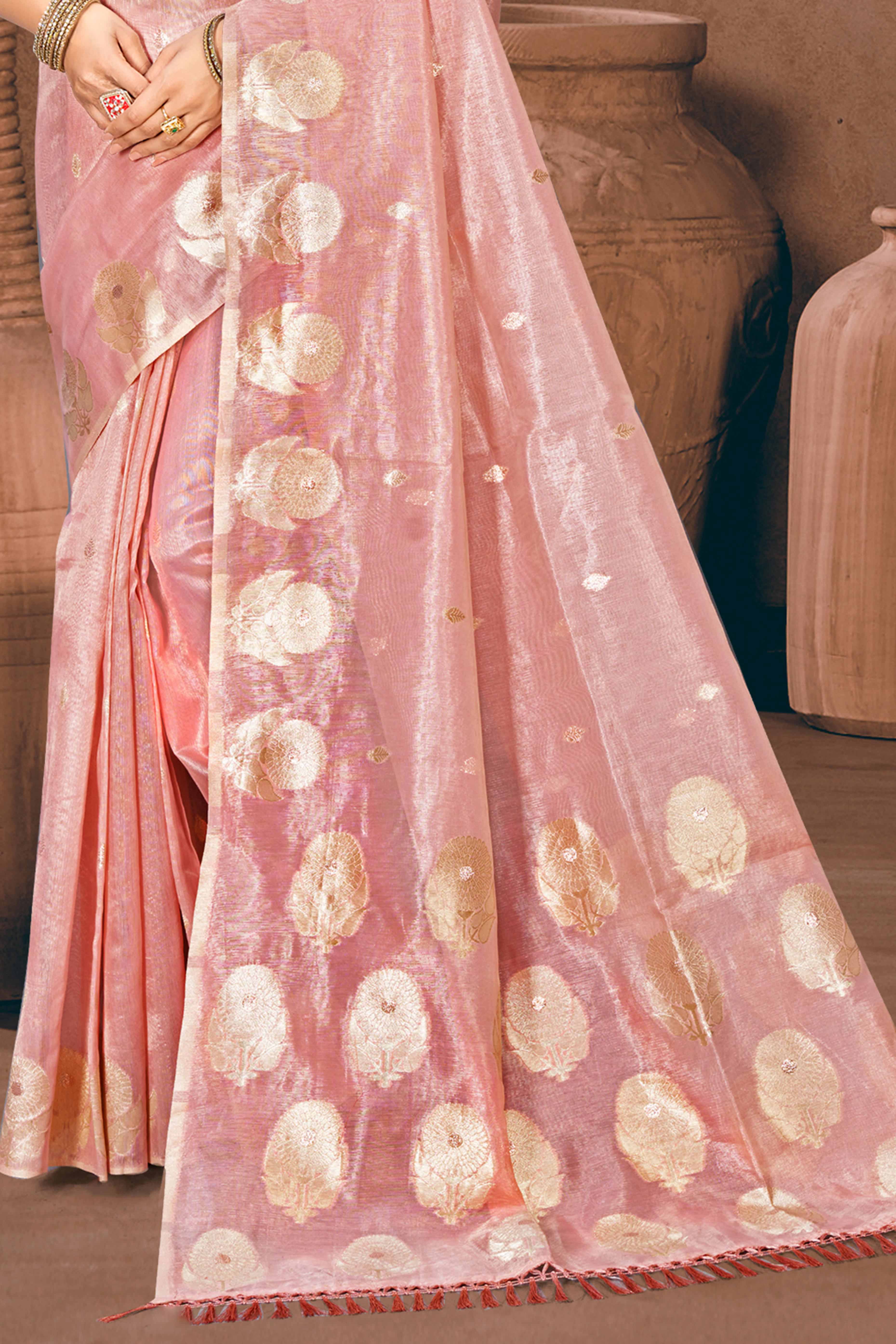 Pink Kota Doria Saree with Rich Traditional Zari Woven Borders