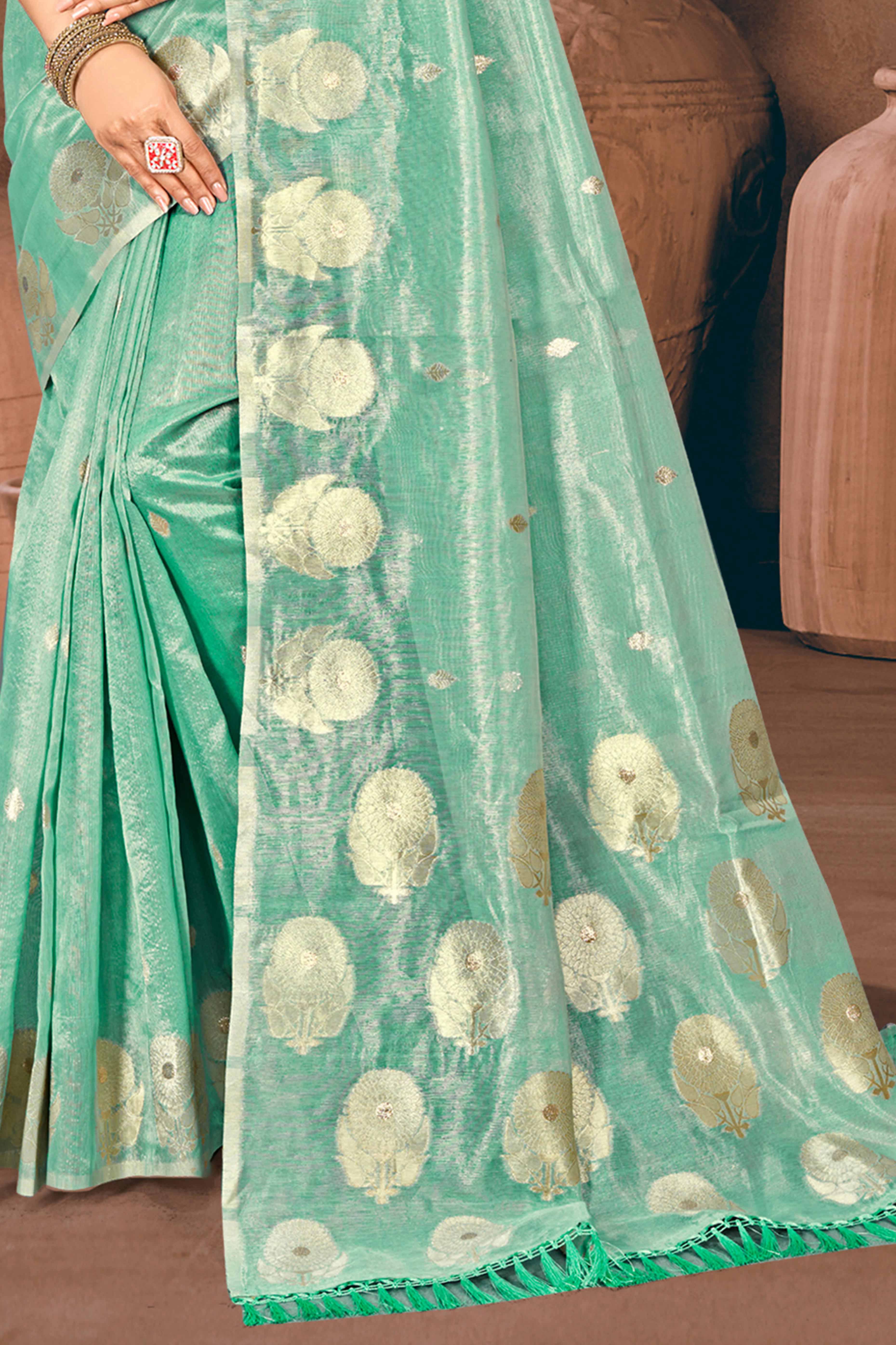 Sea Green Kota Doria Saree with Rich Traditional Zari Woven Borders