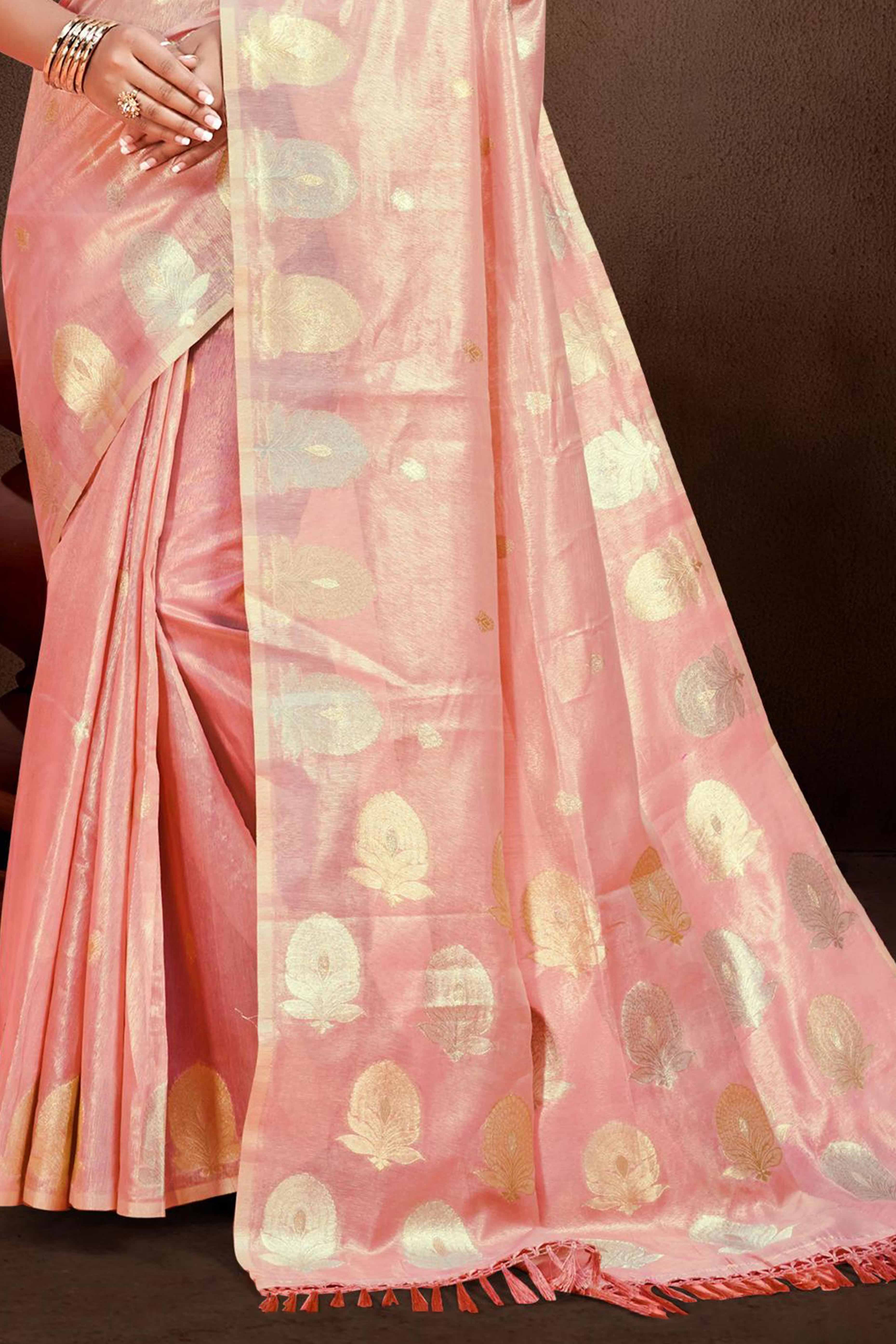 Peach Saree with Traditional Zari Detailing in Munga Kota Doria