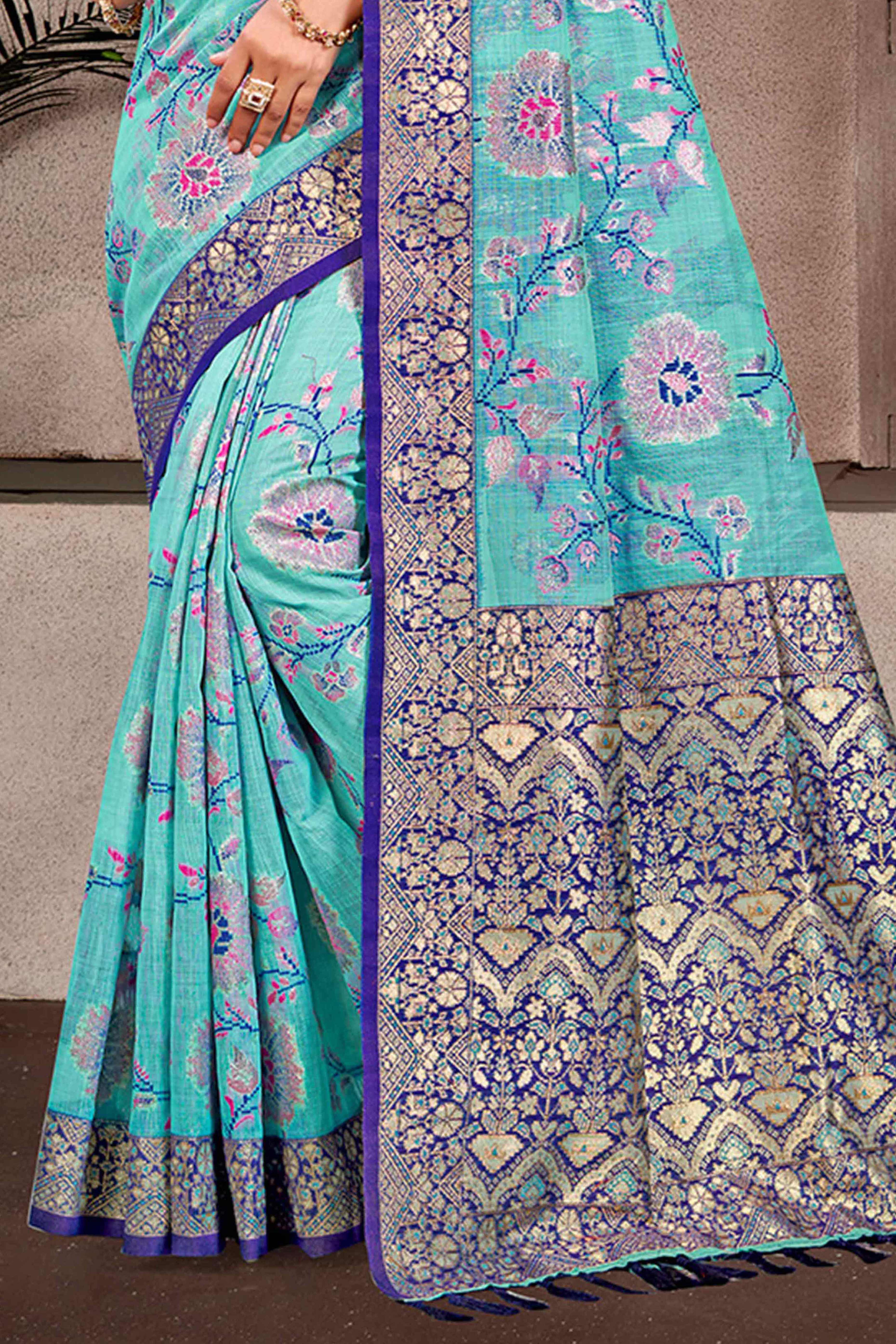 Opulent Blue Floral Zari Motif Weaving Cotton Silk Saree With Elegant Tassel Pallu
