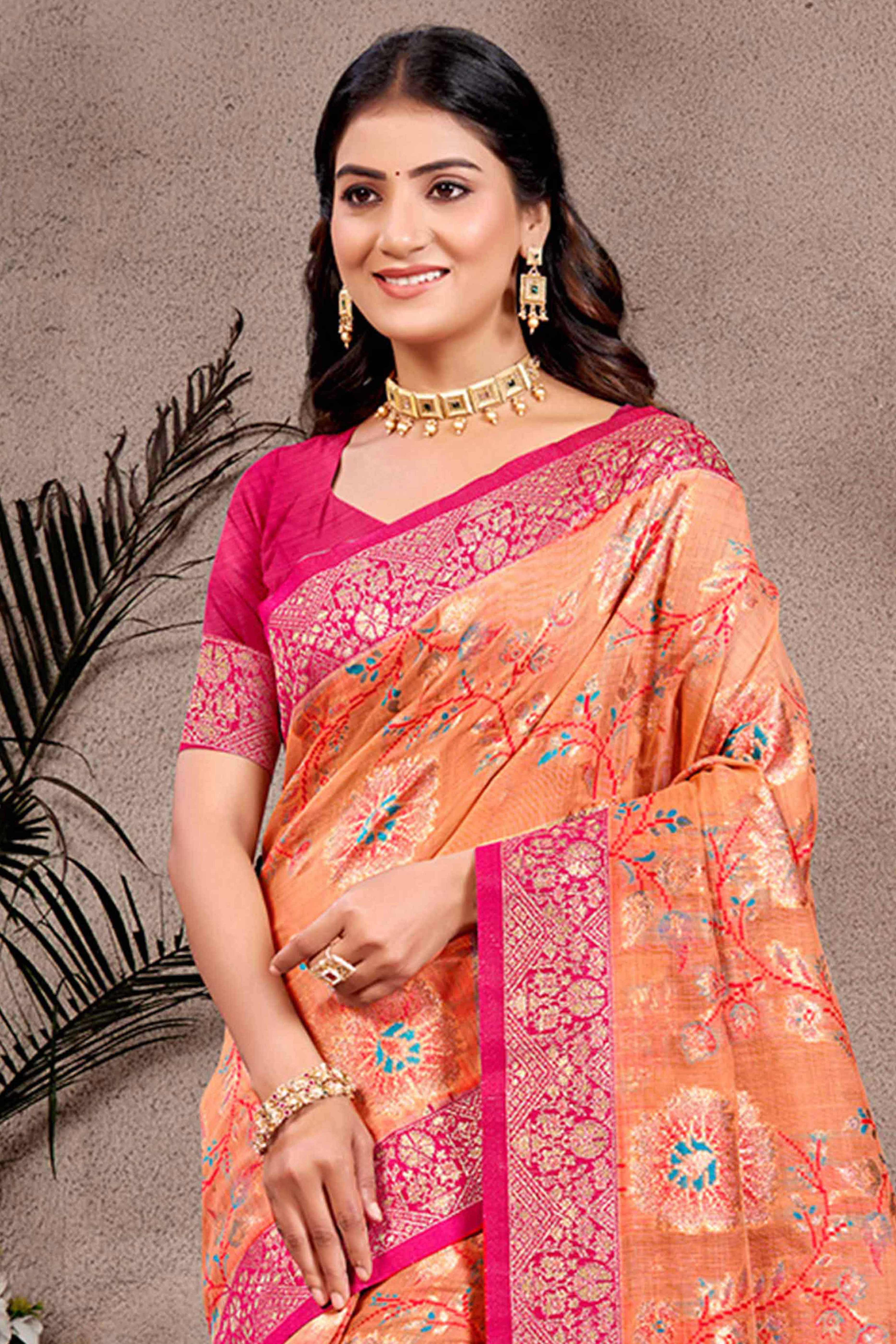 Opulent Orange Floral Zari Motif Weaving Cotton Silk Saree With Elegant Tassel Pallu