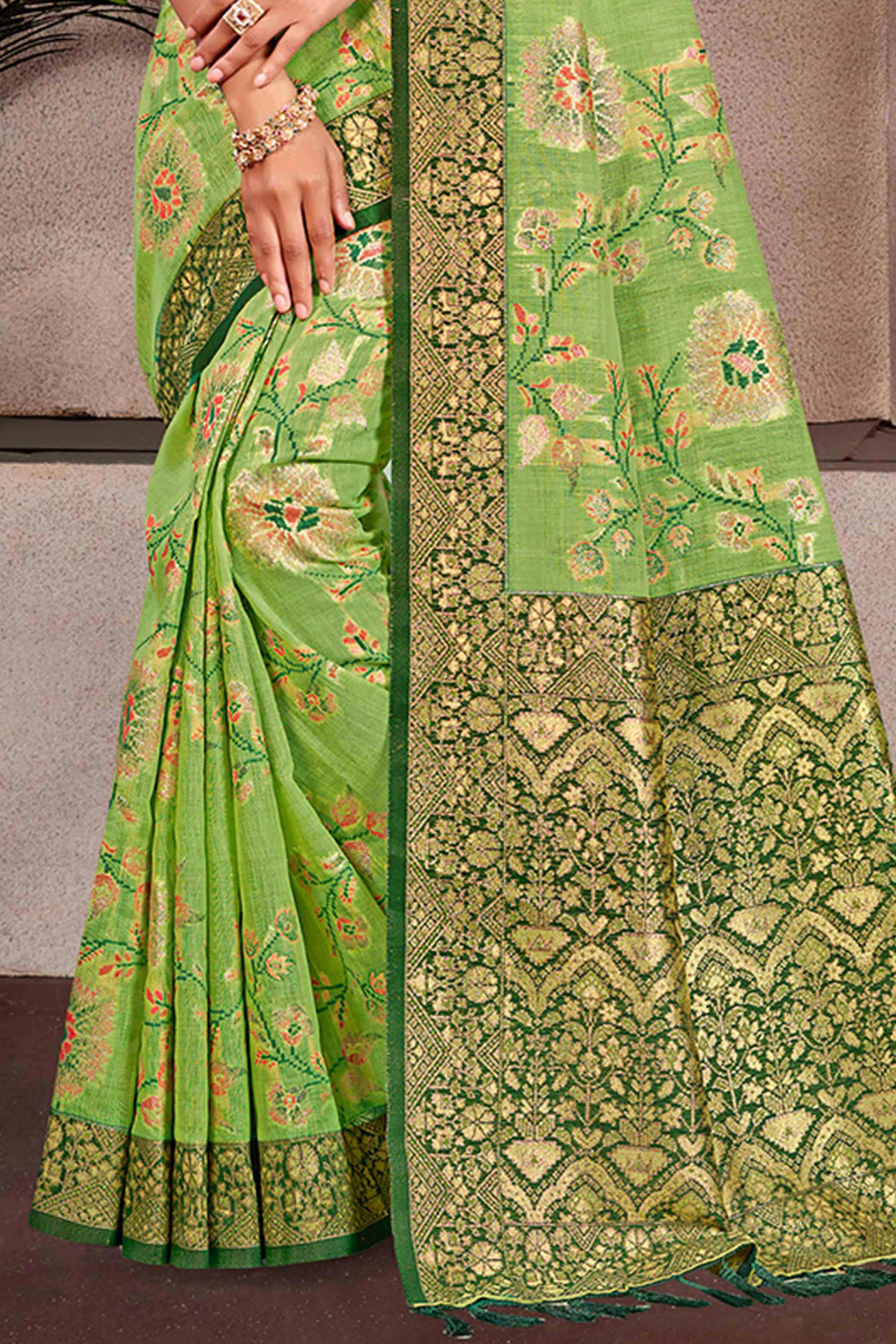 Opulent Green Floral Zari Motif Weaving Cotton Silk Saree With Elegant Tassel Pallu