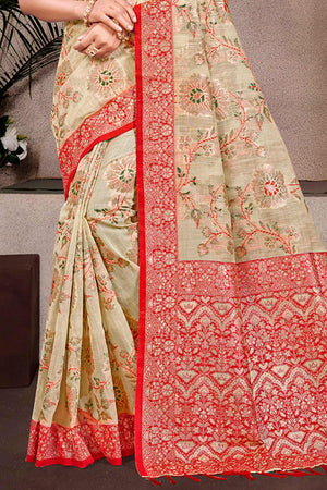 Opulent Beige Floral Zari Motif Weaving Cotton Silk Saree With Elegant Tassel Pallu