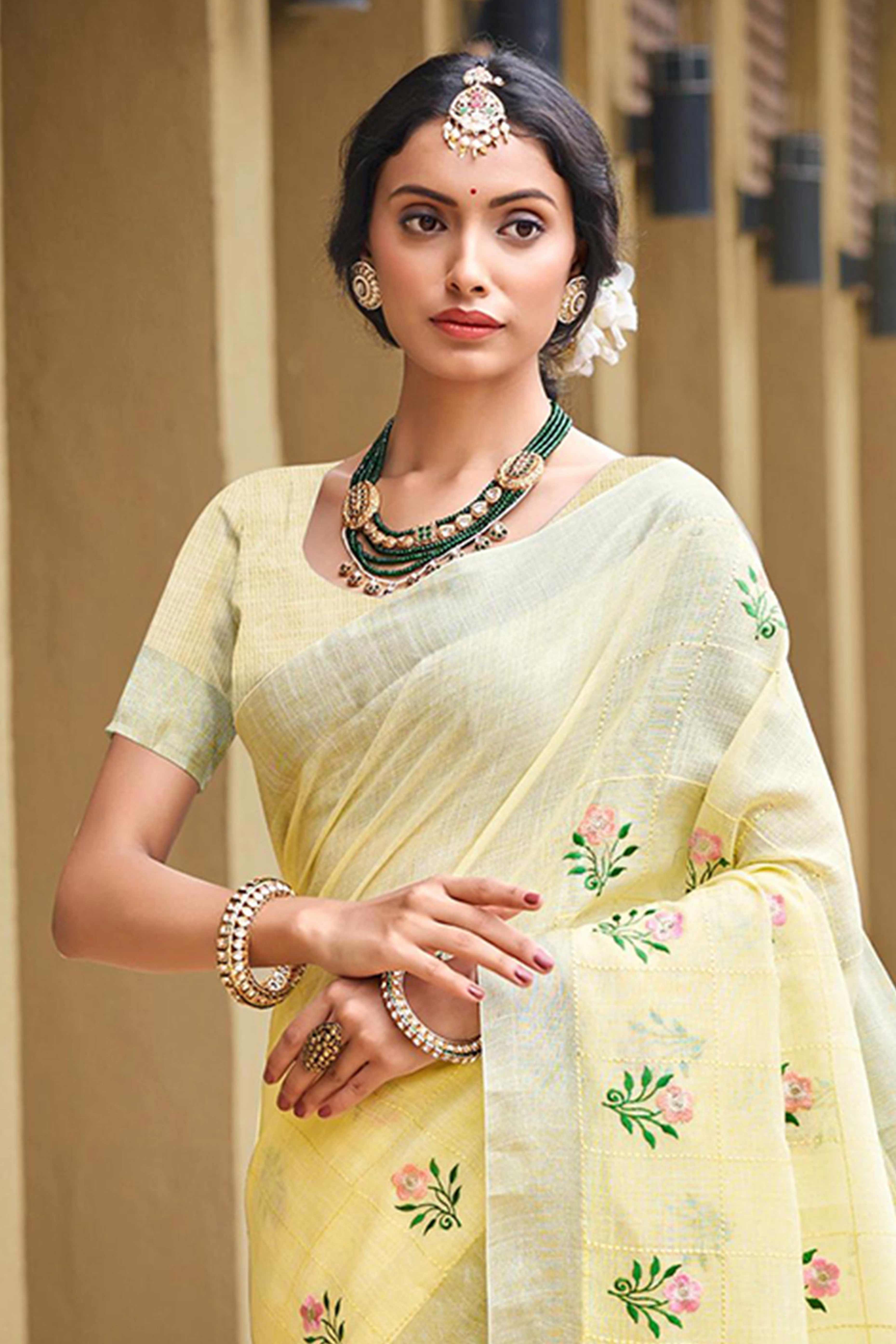Captivating Yellow Floral Thread Embroidered Linen Saree With Elegant Weaving Border
