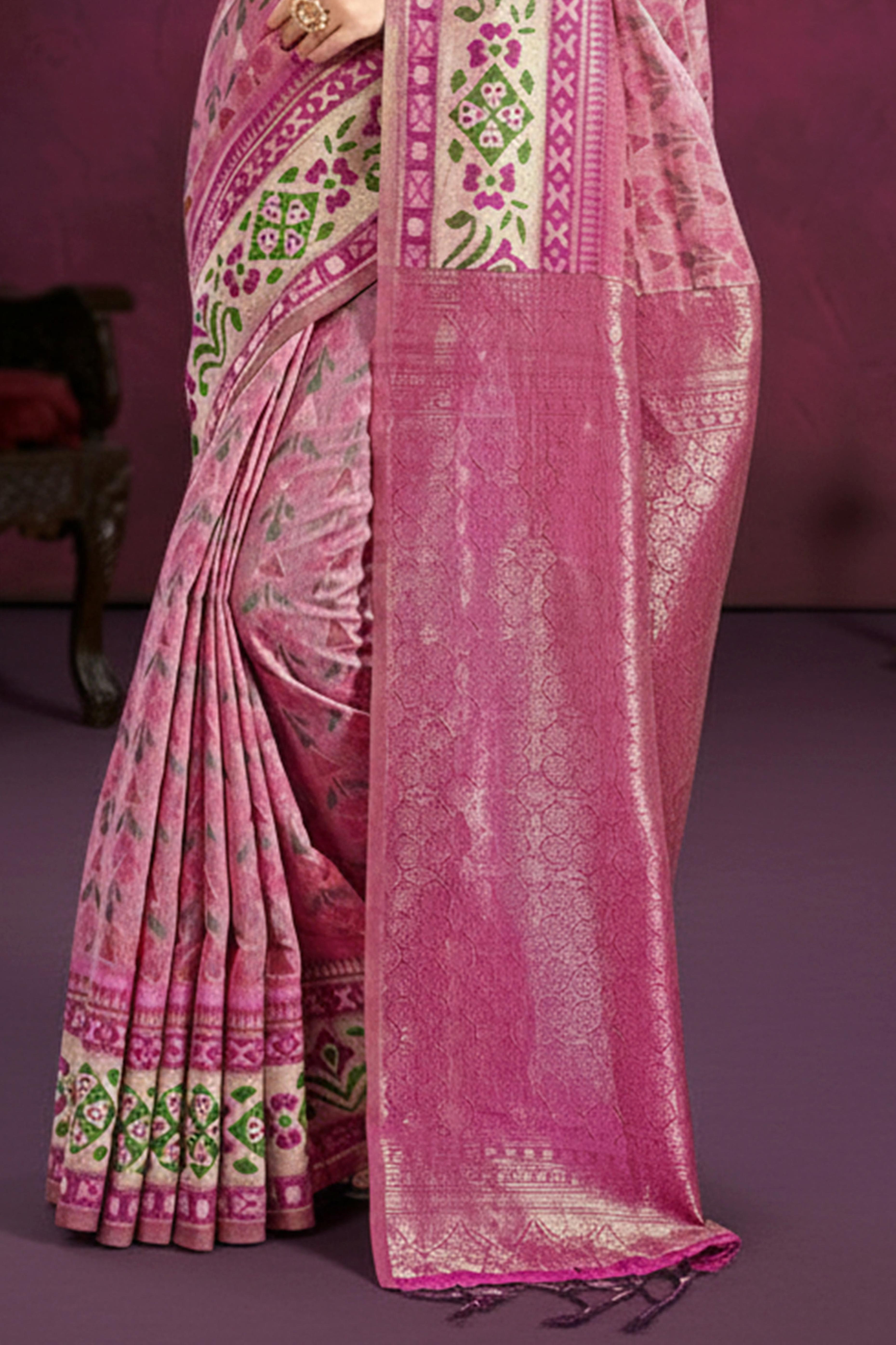 Designer Pink Cotton Silk Saree Showcasing Delicate Floral Weaving & Tassel Pallu
