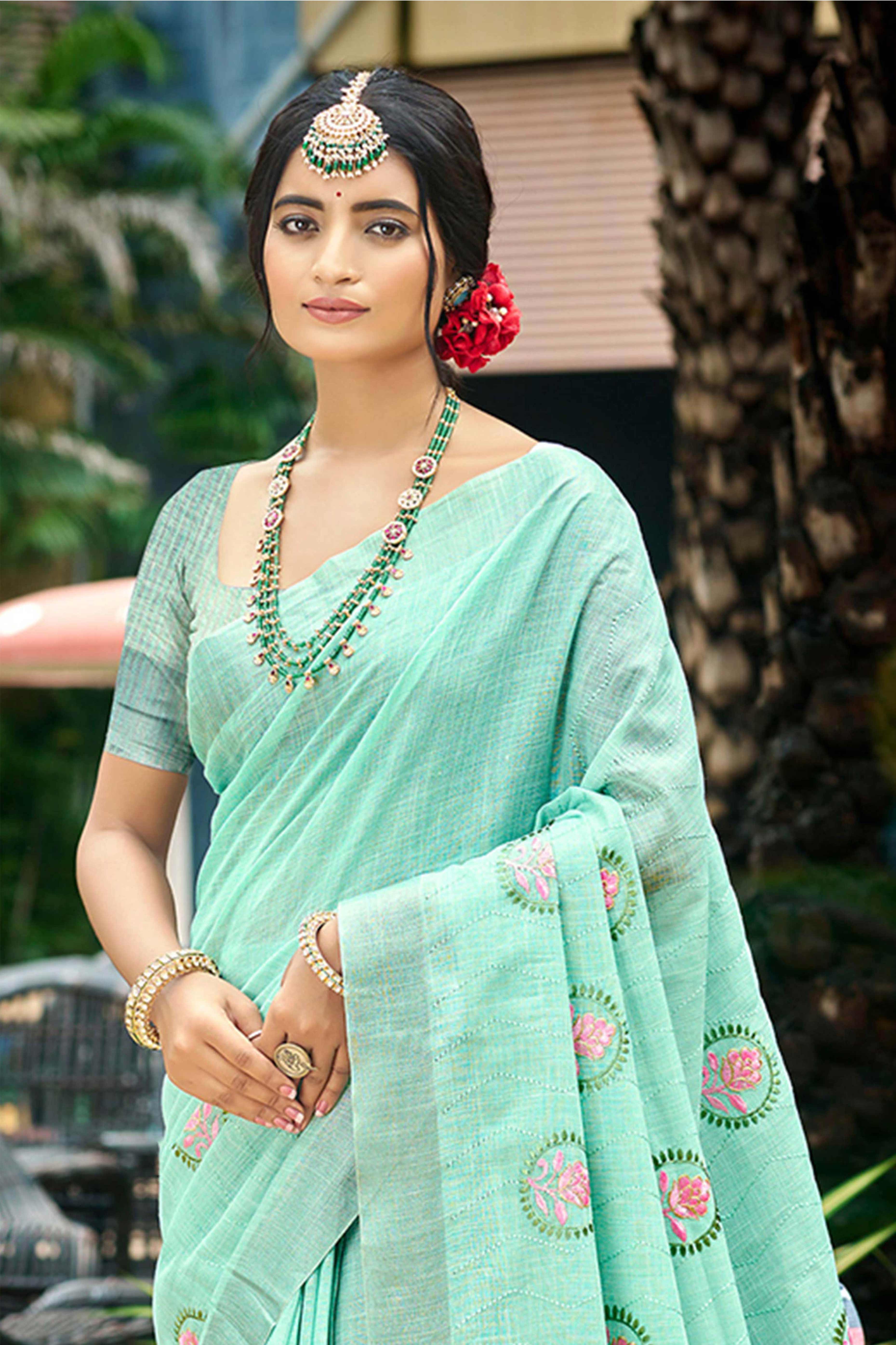 Premium Turquoise Floral Embroidered Linen Saree With Striped Pattern Tassel Pallu