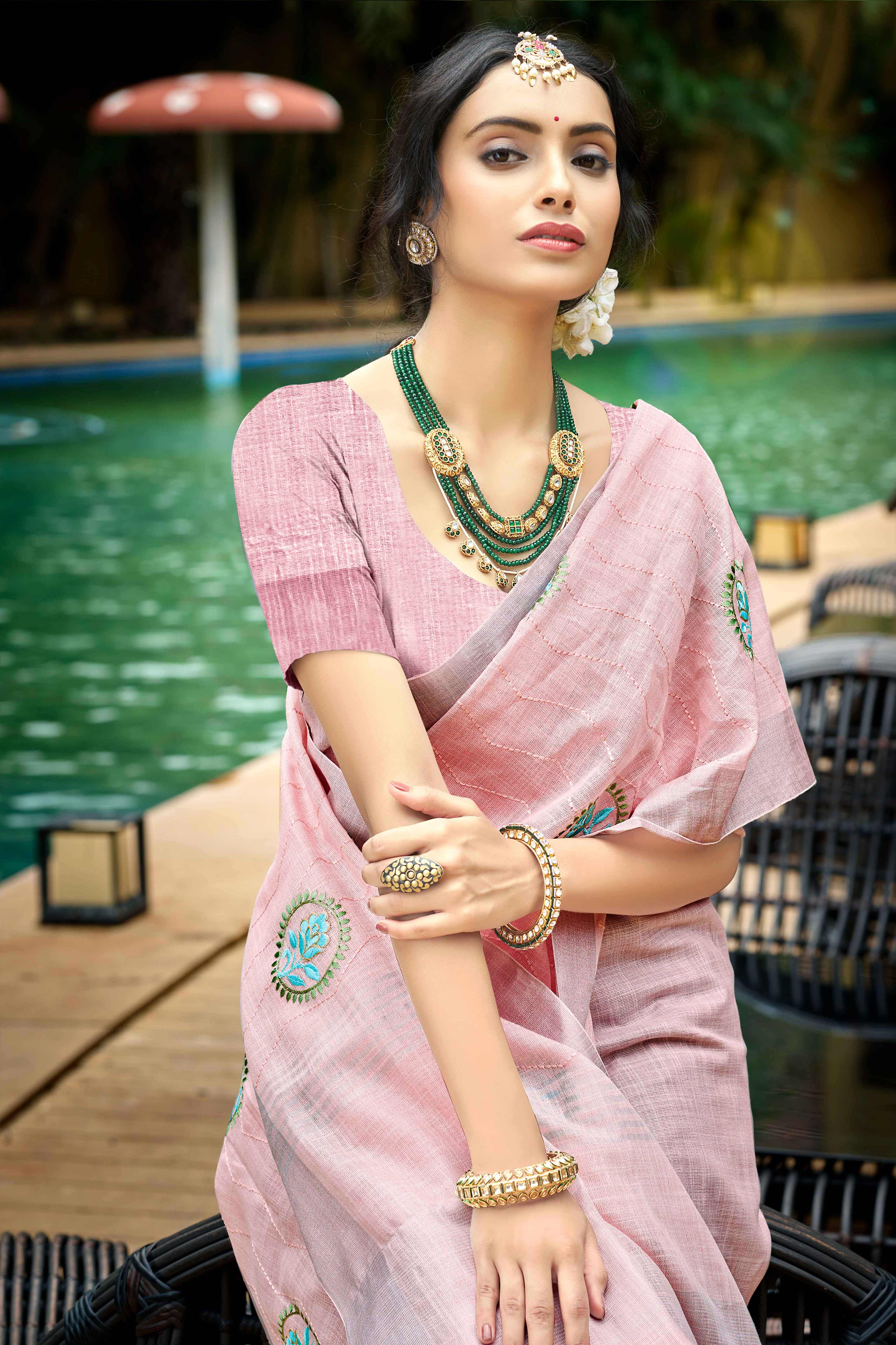 Premium Pink Floral Embroidered Linen Saree With Striped Pattern Tassel Pallu