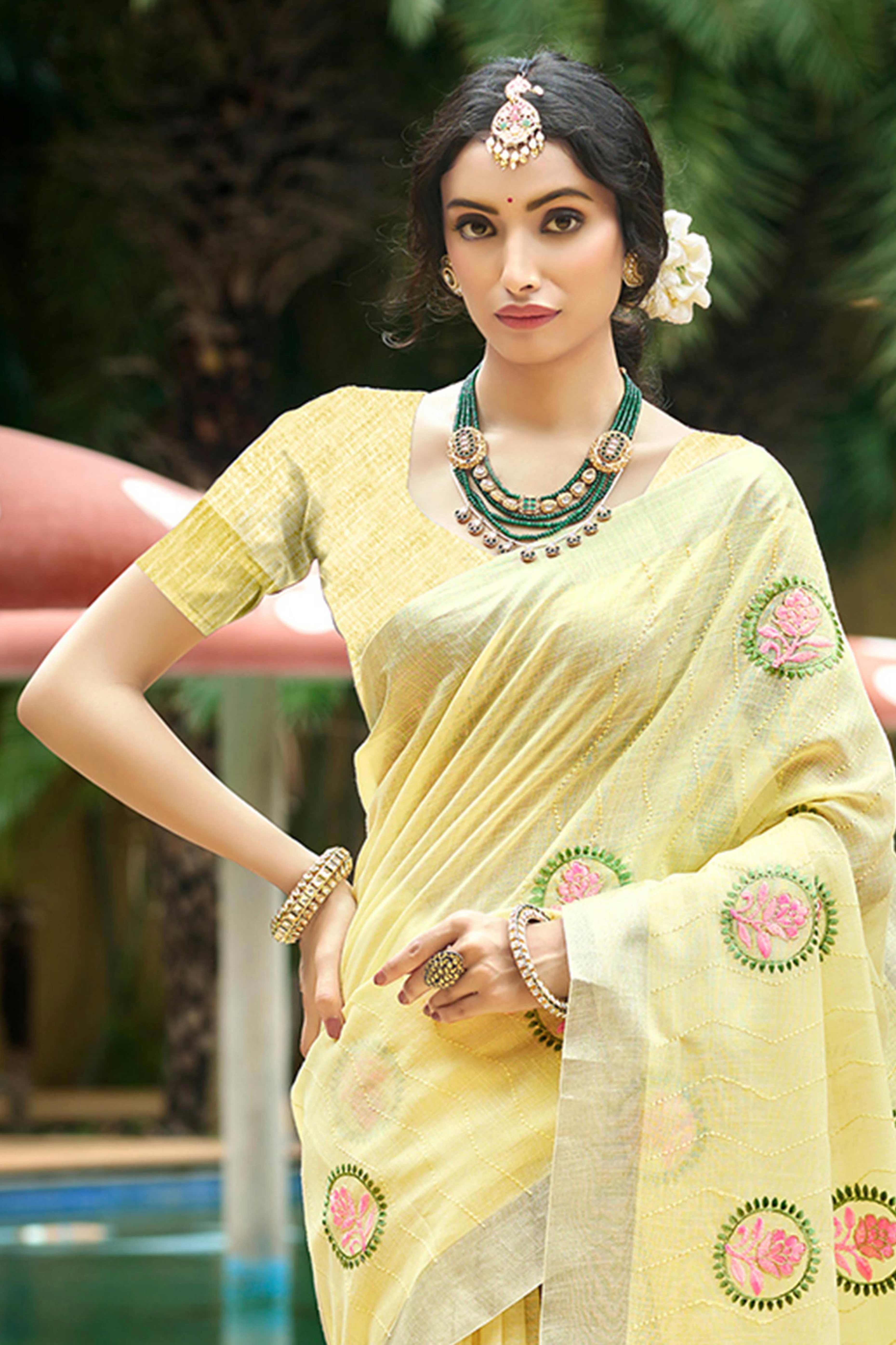 Premium Yellow Floral Embroidered Linen Saree With Striped Pattern Tassel Pallu