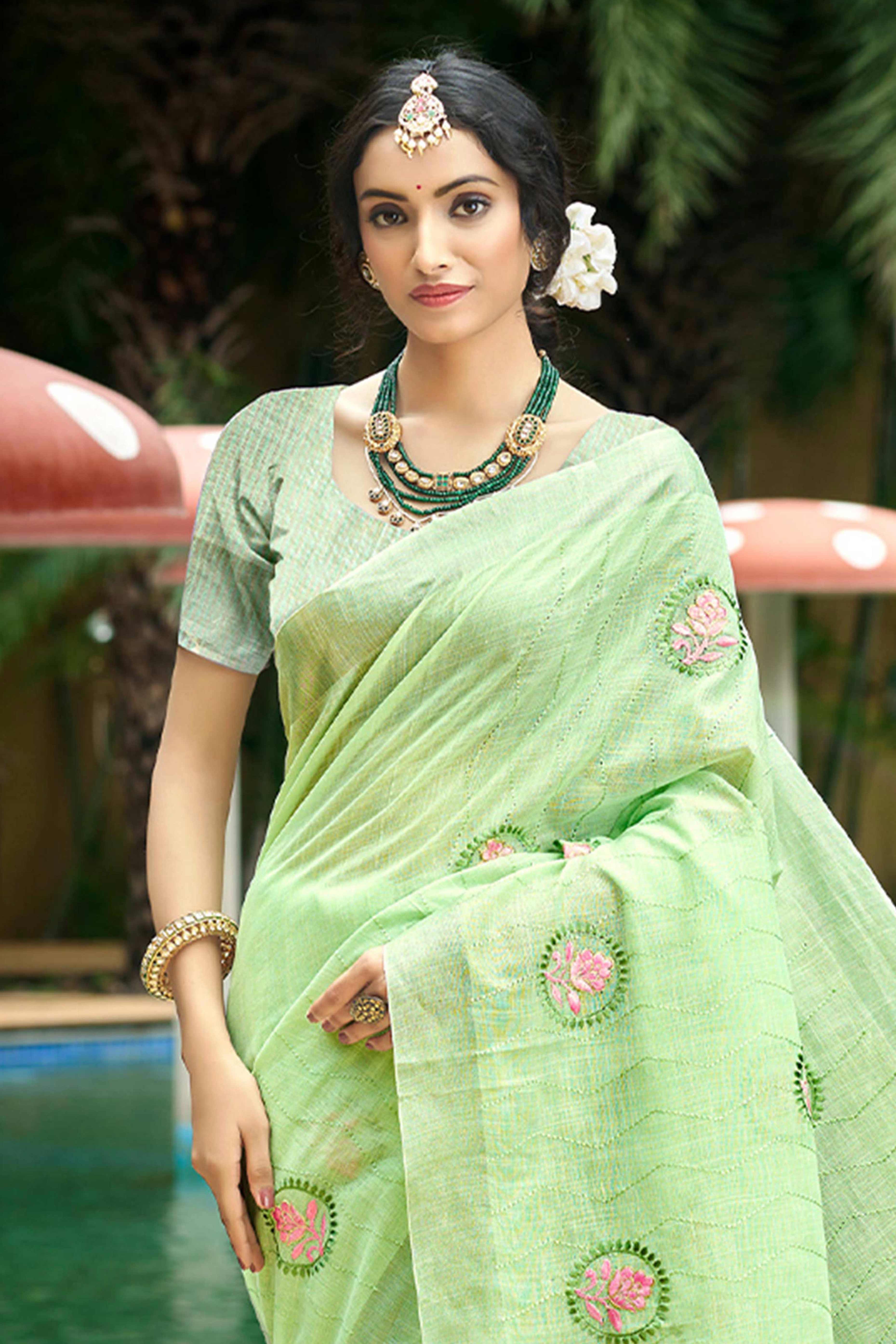 Premium Green Floral Embroidered Linen Saree With Striped Pattern Tassel Pallu