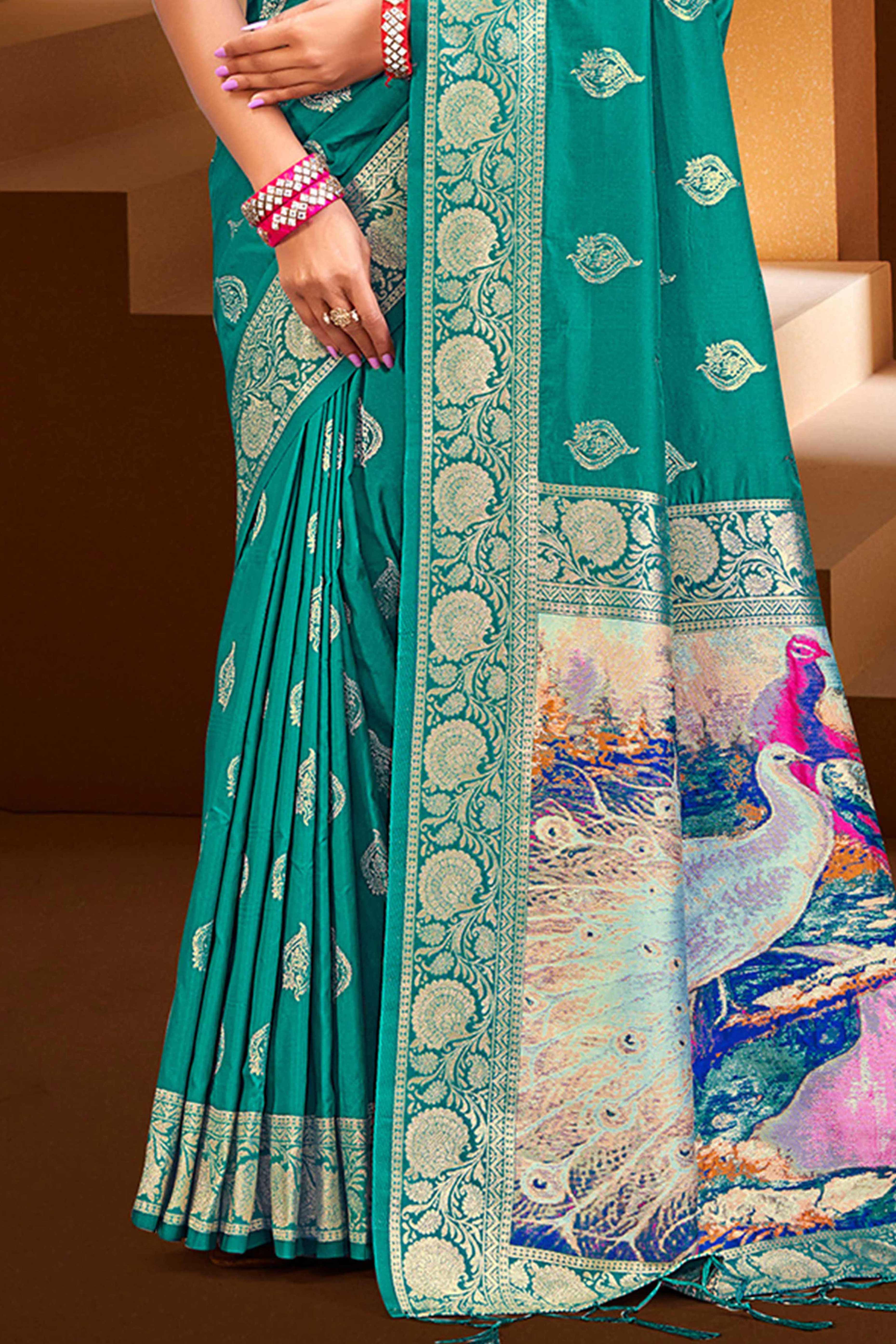 Luxury Rama Green Floral Weaving Silk Blend Saree Finished With A Digital Peacock Printed Pallu