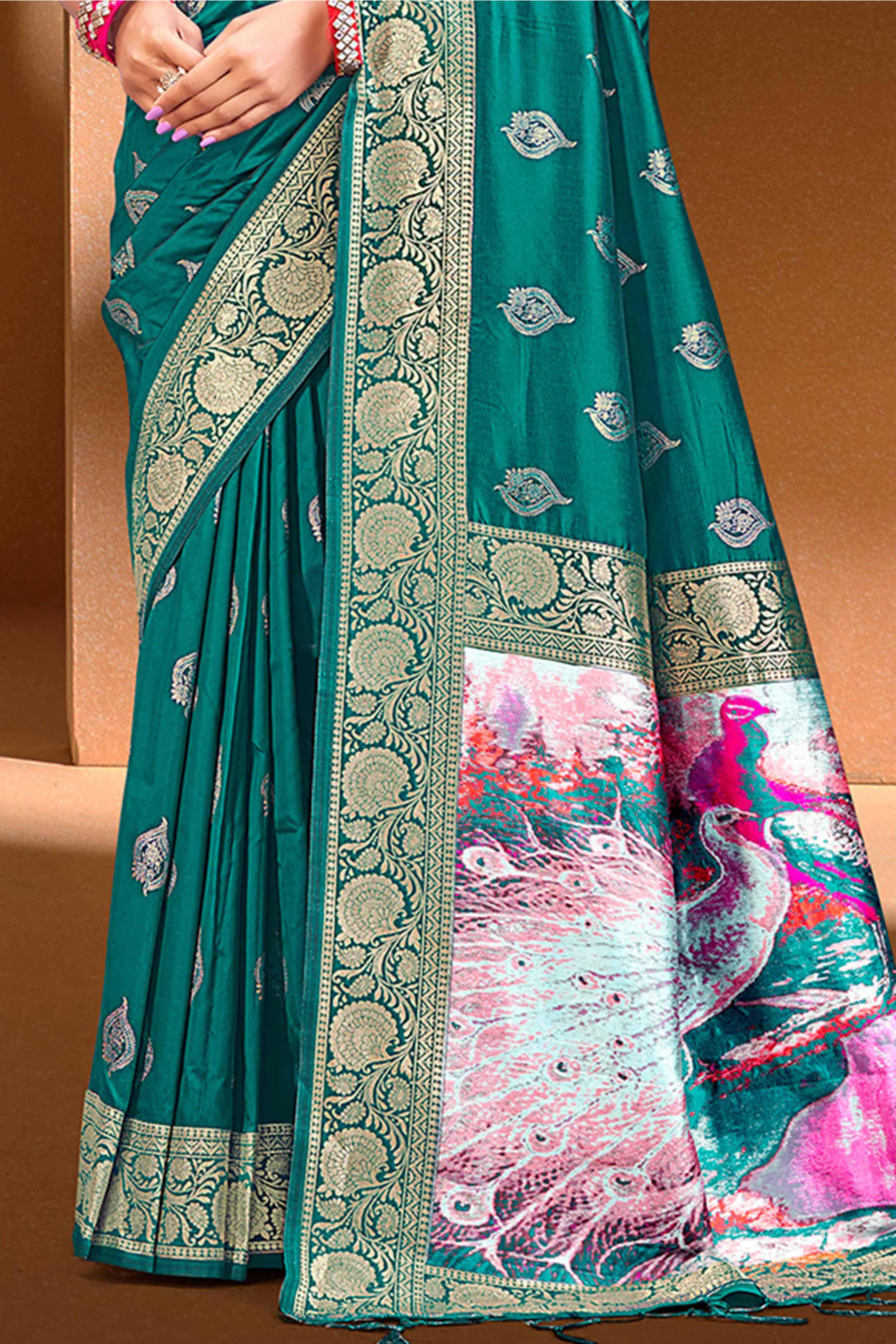 Luxury Teal Floral Weaving Silk Blend Saree Finished With A Digital Peacock Printed Pallu