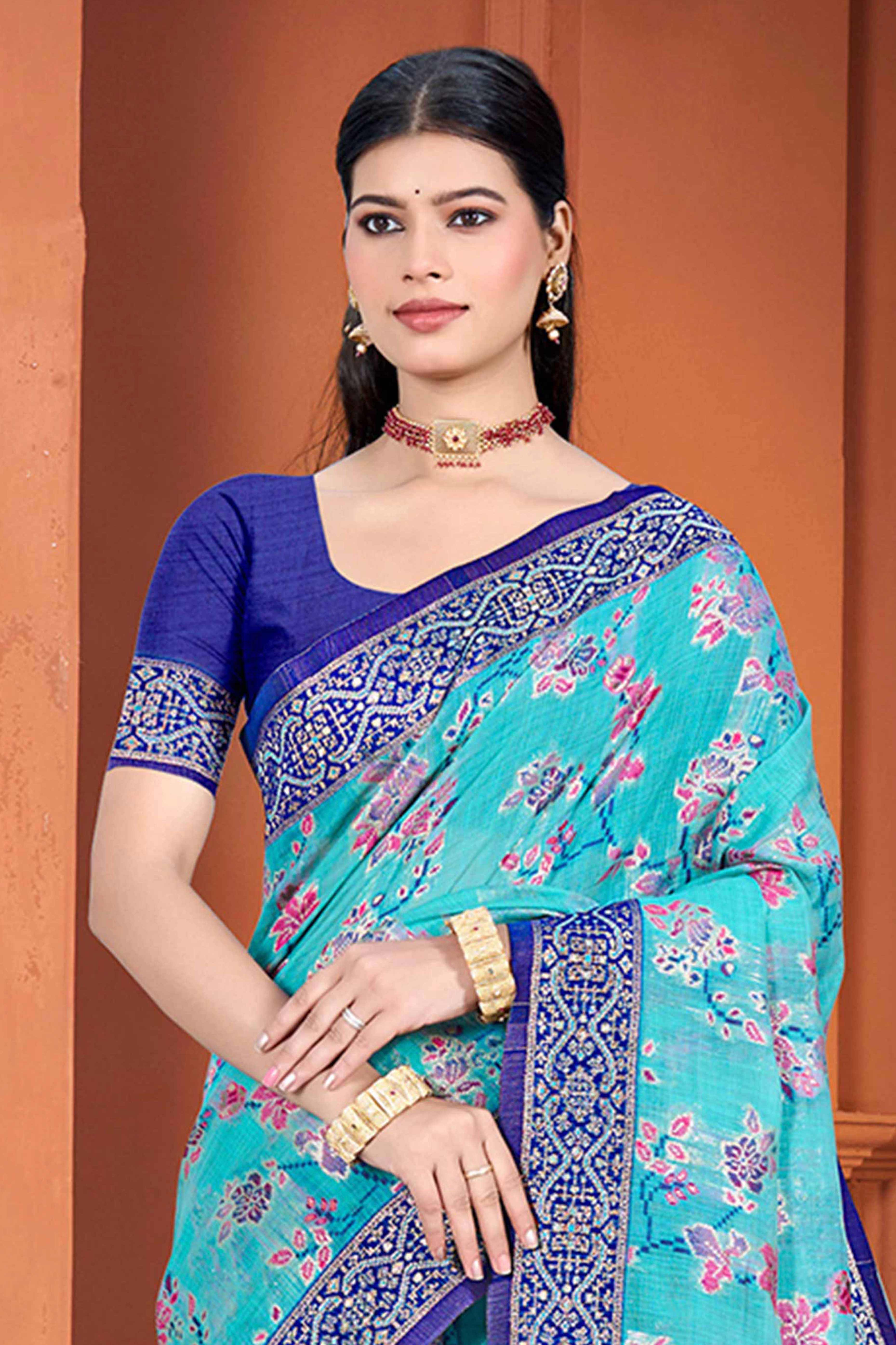 Stunning Blue Floral Zari Weaving Cotton Silk Meena Saree With Tassel Pallu