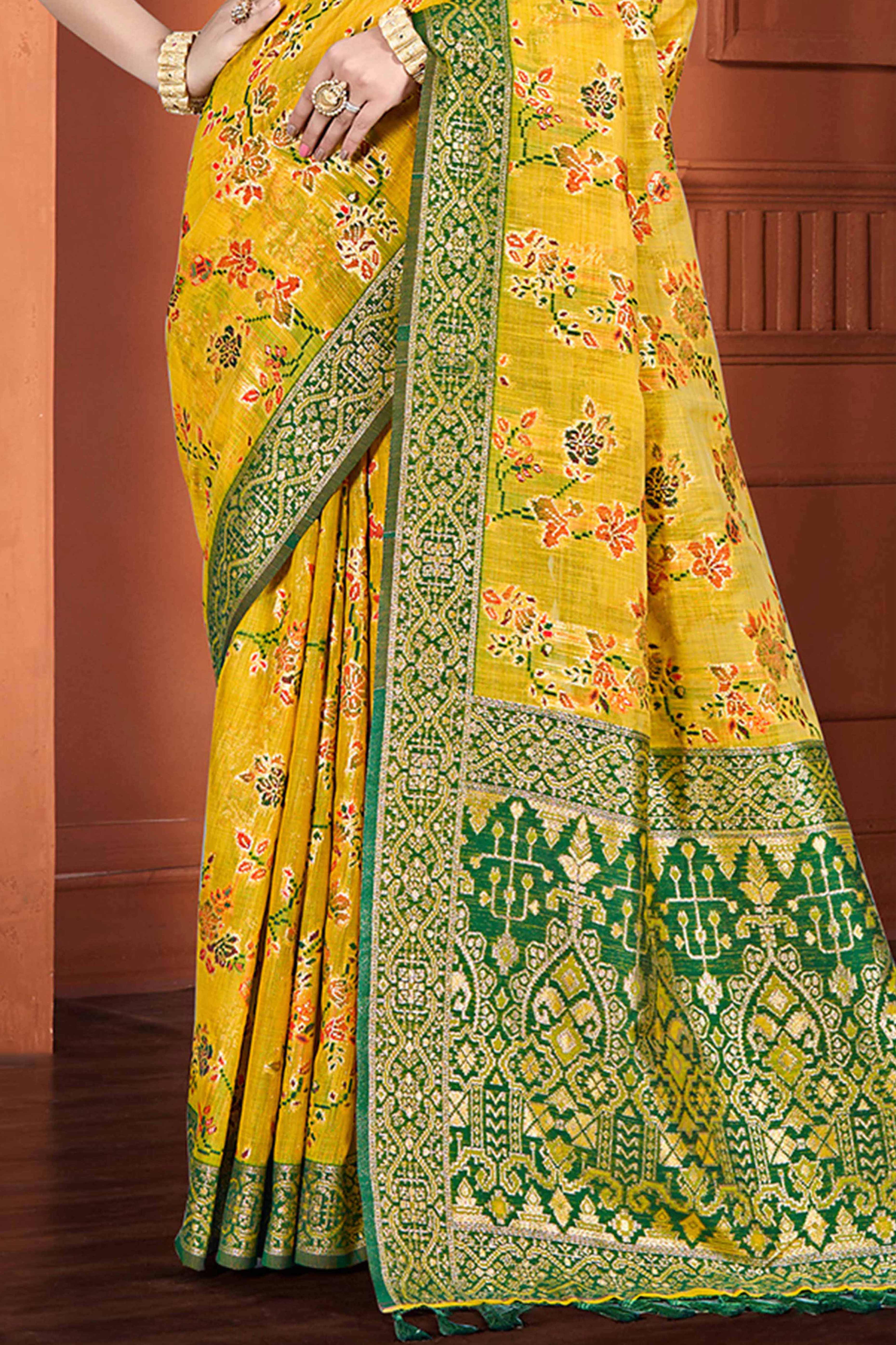 Stunning Mustard Floral Zari Weaving Cotton Silk Meena Saree With Tassel Pallu