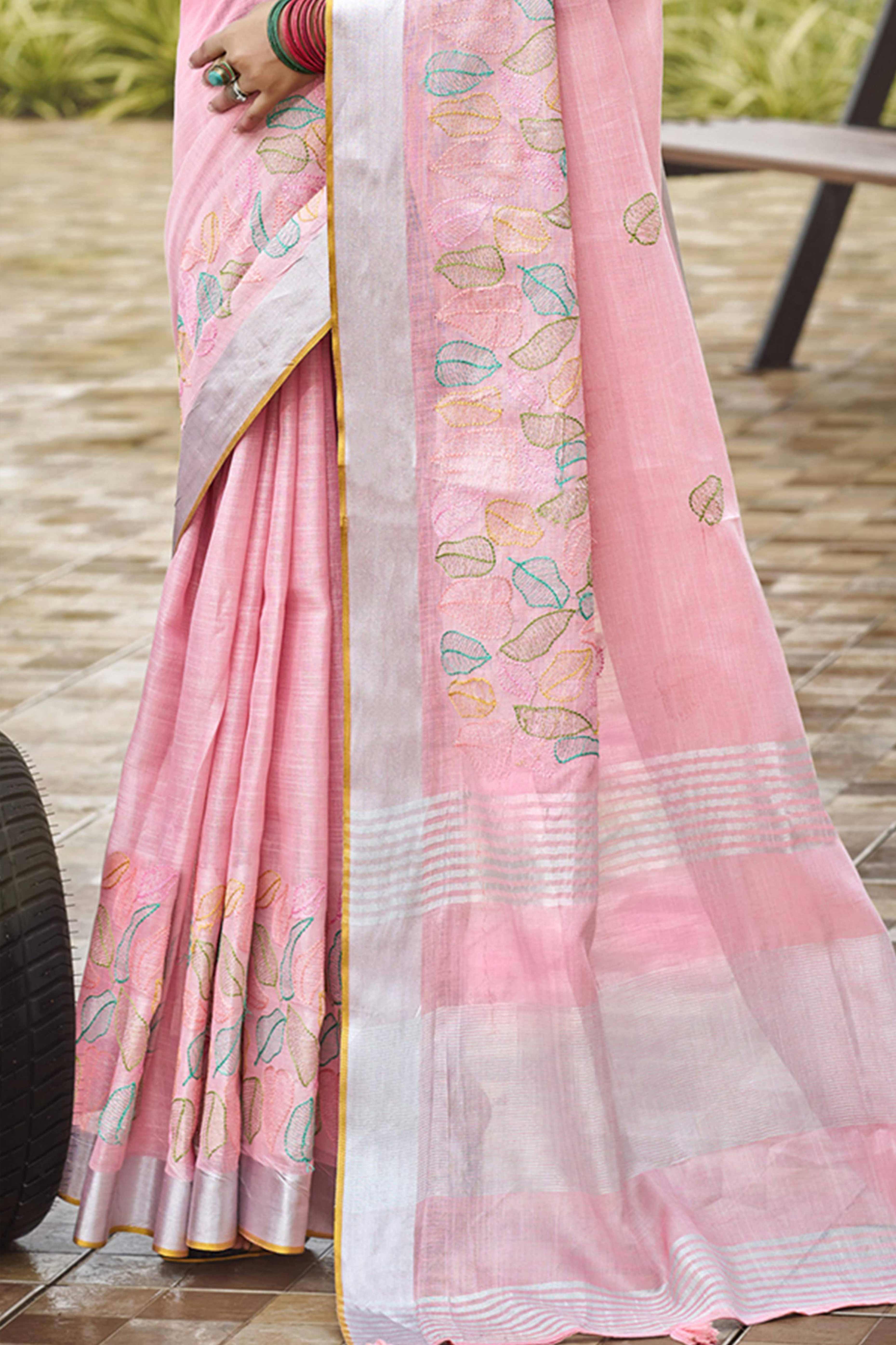 Classic Baby Pink Leaf Pattern Thread Embroidery Work Linen Saree With Tassel Pallu