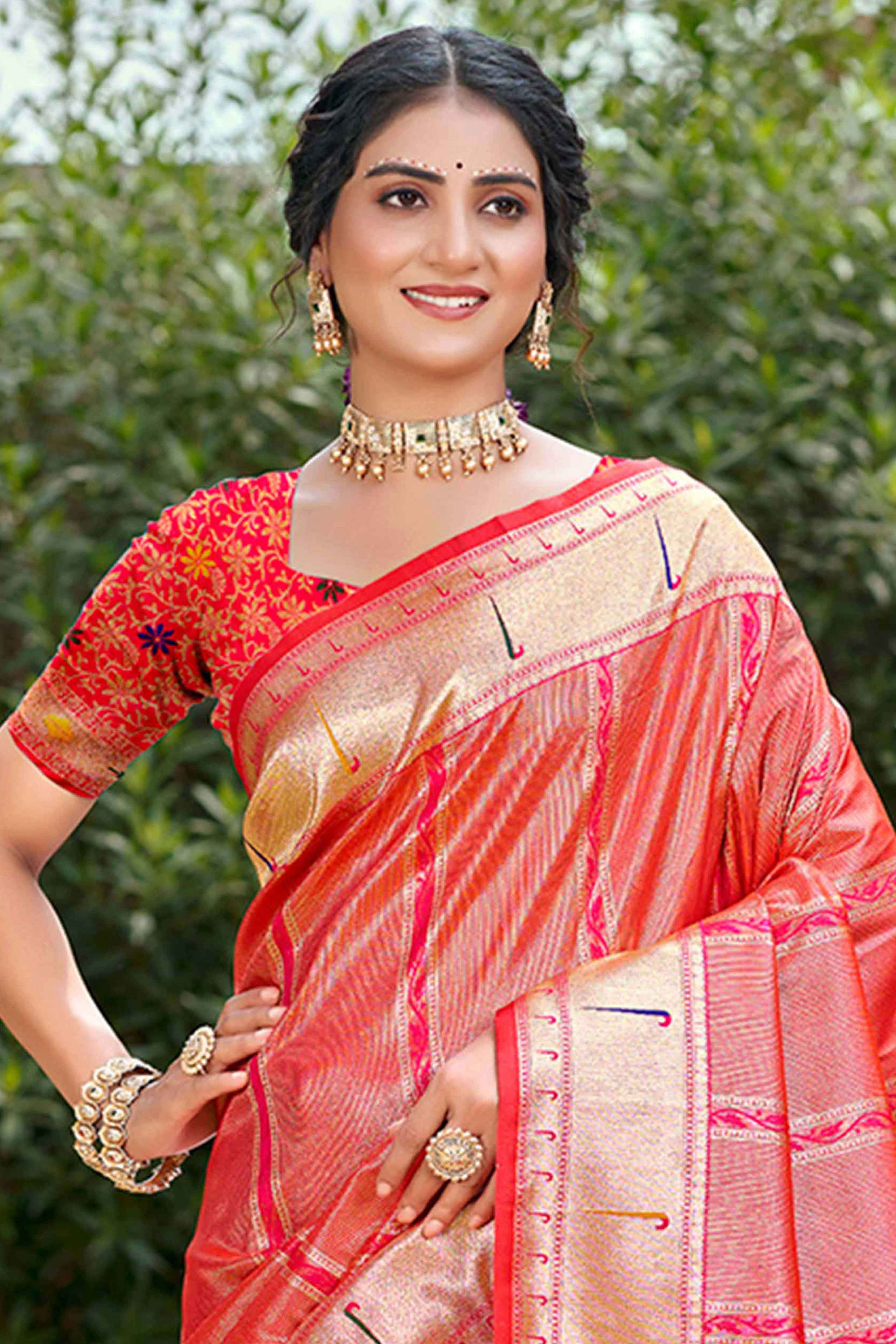 Coral Pink Designer Weaving Silk Blend Saree Accented With Graceful Peacock & Floral Motif Pallu