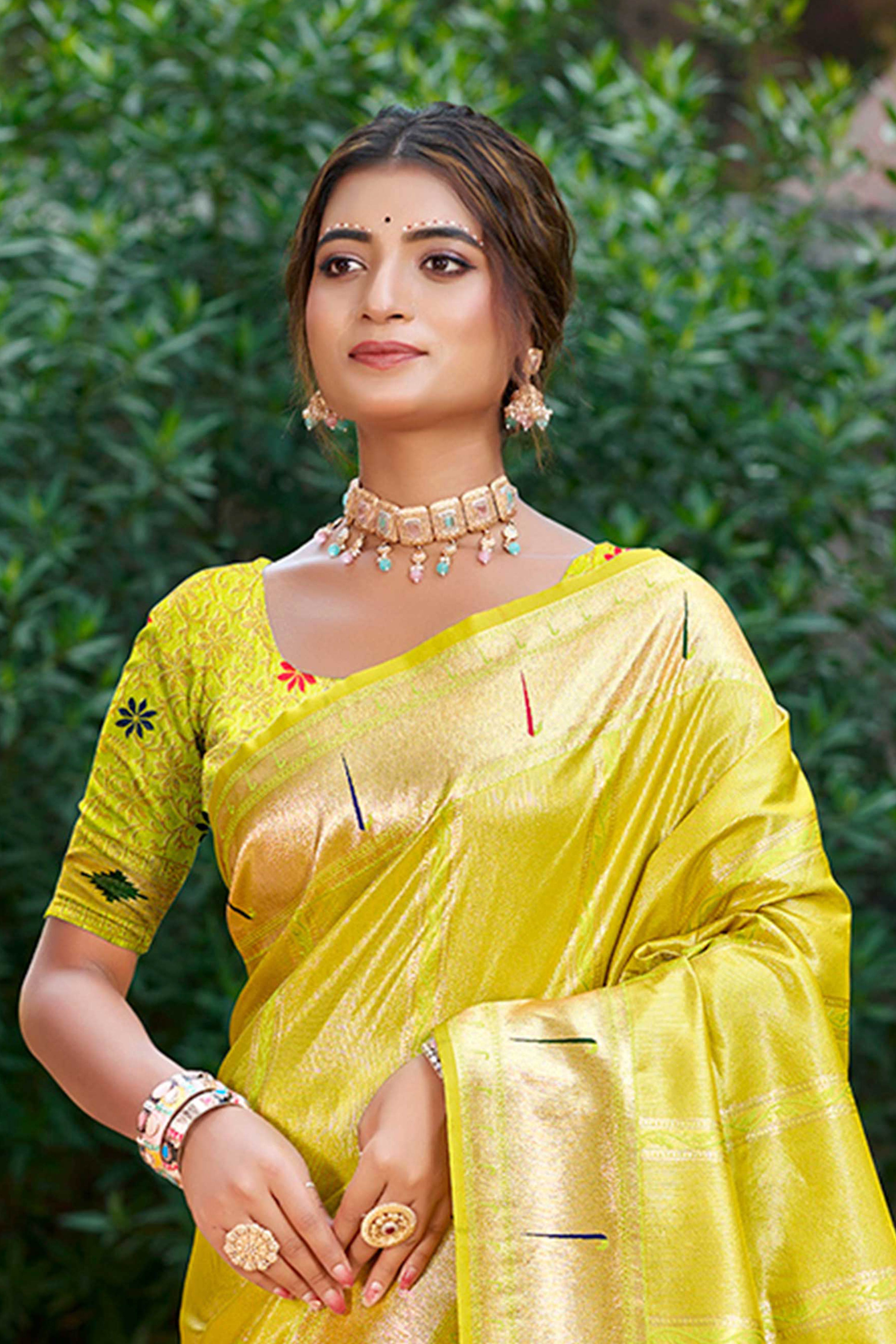 Lemon Green Designer Weaving Silk Blend Saree Accented With Graceful Peacock & Floral Motif Pallu